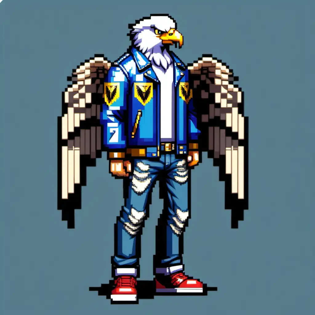 2d pixel art full body Male Eagle-Griffin hybrid gang affiliated member with a blue leather jacket with emblems in a beat em up style