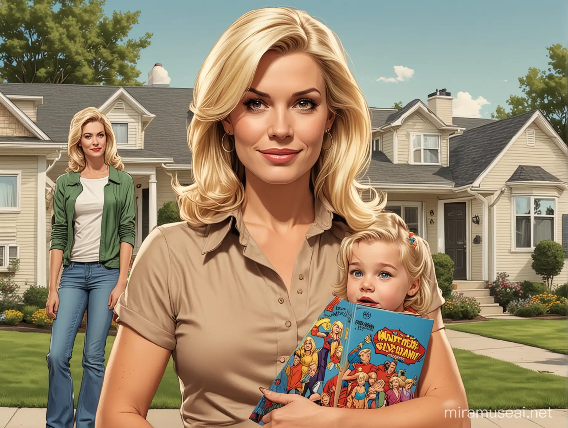 A grown blonde lady living a normal Suburban life with her family, comic book cartoon syle rendering.
