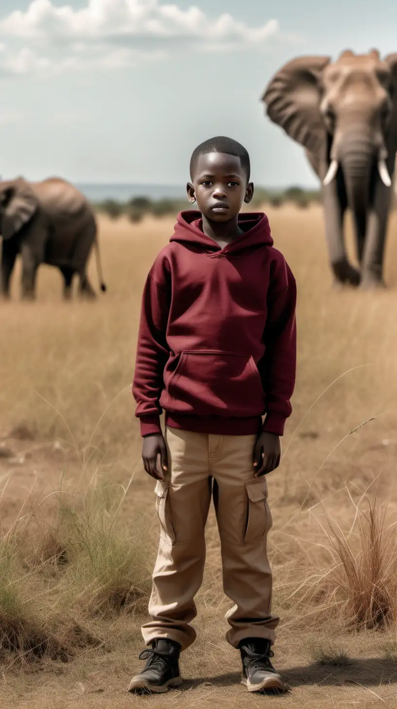 Young black boy, wearing a maroon hoody, wearing tan cargo pants, standing in a field in Africa, mid afternoon, elephants in the distance behind him, ultra 4k resolution, high definition, light is outdoors and volumetric