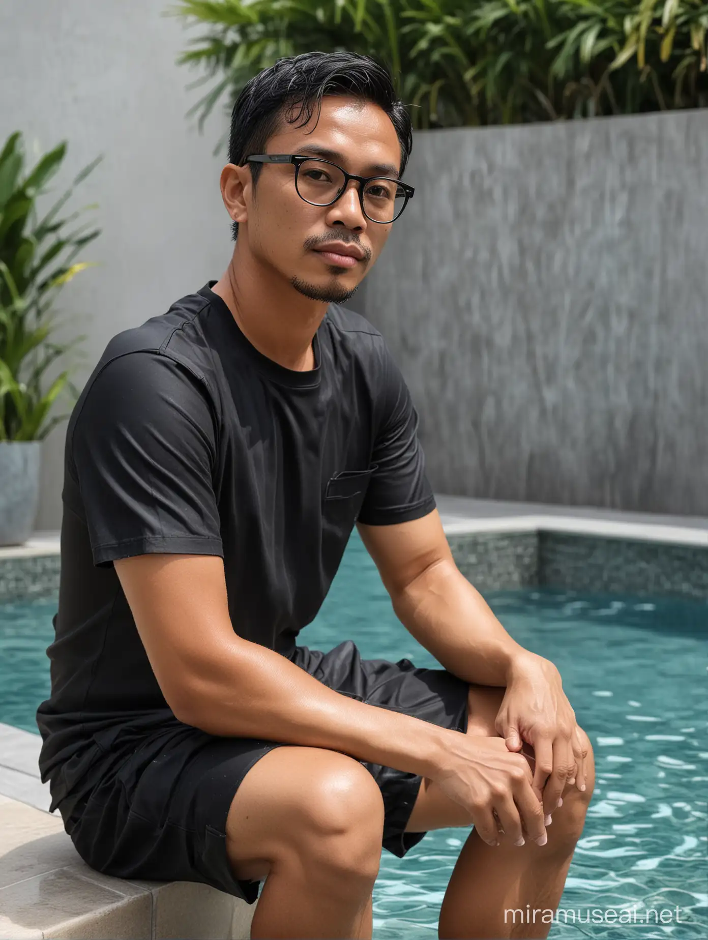a 40 year old Indonesian man, with glasses, short and wet hair, wearing a plain black shirt and black shorts, he is sitting next to a clear swimming pool, super detailed and very realistic picture and finger detail