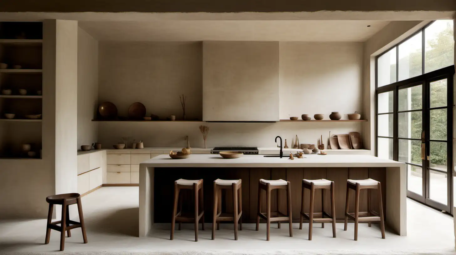minimalist  organic Japandi estate Home kitchen in Bauwerk limewash painted walls in Bone, walnut wood, limestone tiles, large windows, linen and brass stools