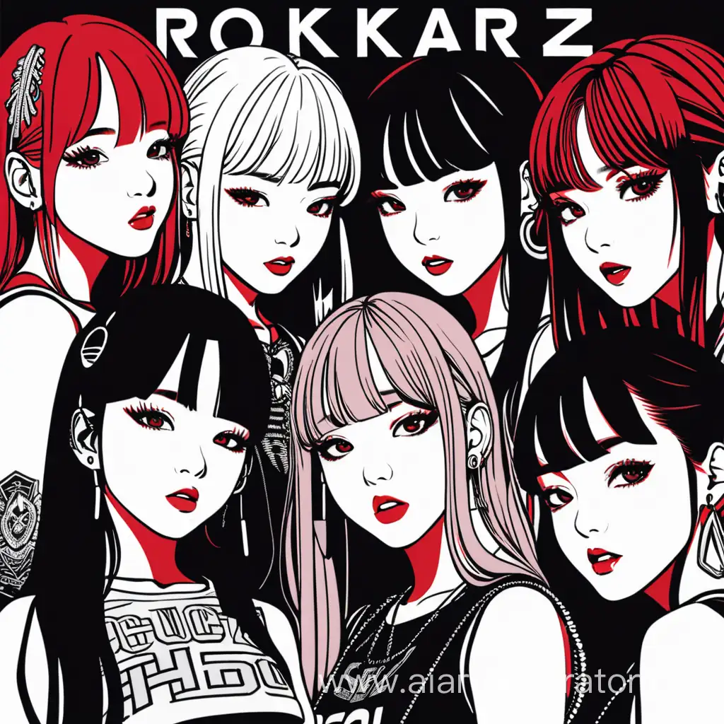 kpop обложка альбома, в черных, белых и красных тонах, на которой изображены шесть девушек крупным планом, за ними надпись rockstarz 