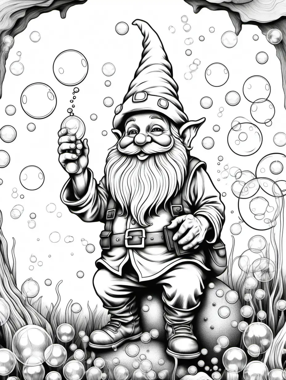 Gnome Blowing Bubbles Coloring Page for Adults