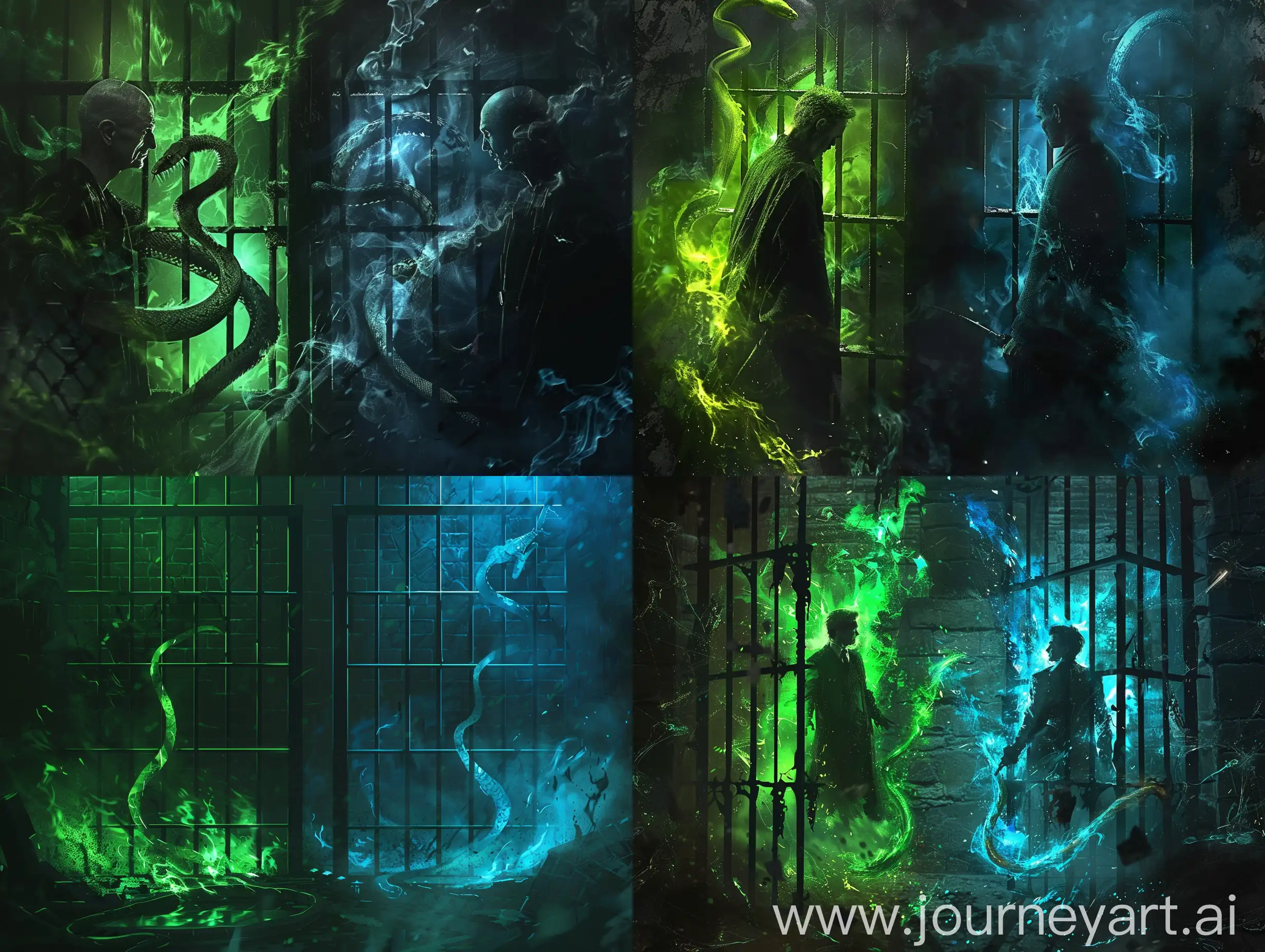 serpent , dark, broken jail, paris. voldermort and Grindalwalt/ hogwarts, green and blue fire 