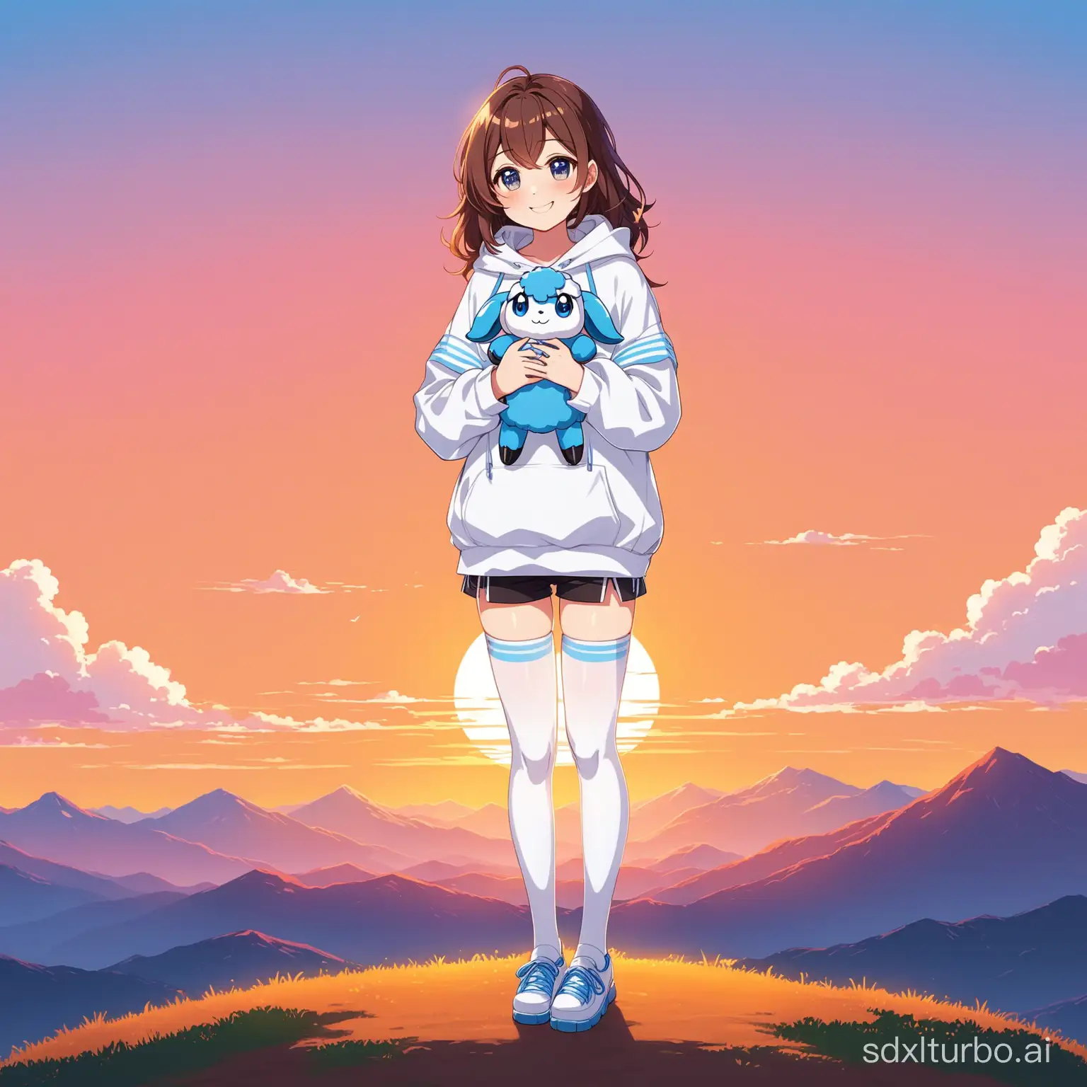 full body in frame. adult femboy, brown hair, wearing a white hoodie and thighhighs, Standing alone in front of a summer mountain while holding a fluffy blue ram plushie. All smiling. Pink and orange sunset in background.
