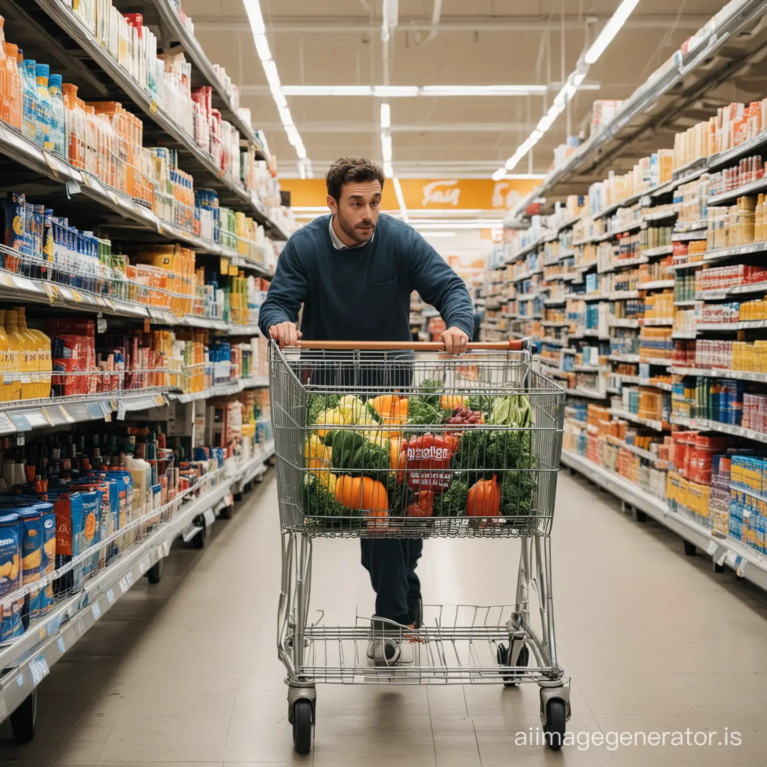 A man running a supermarket trolley
in a supermarket