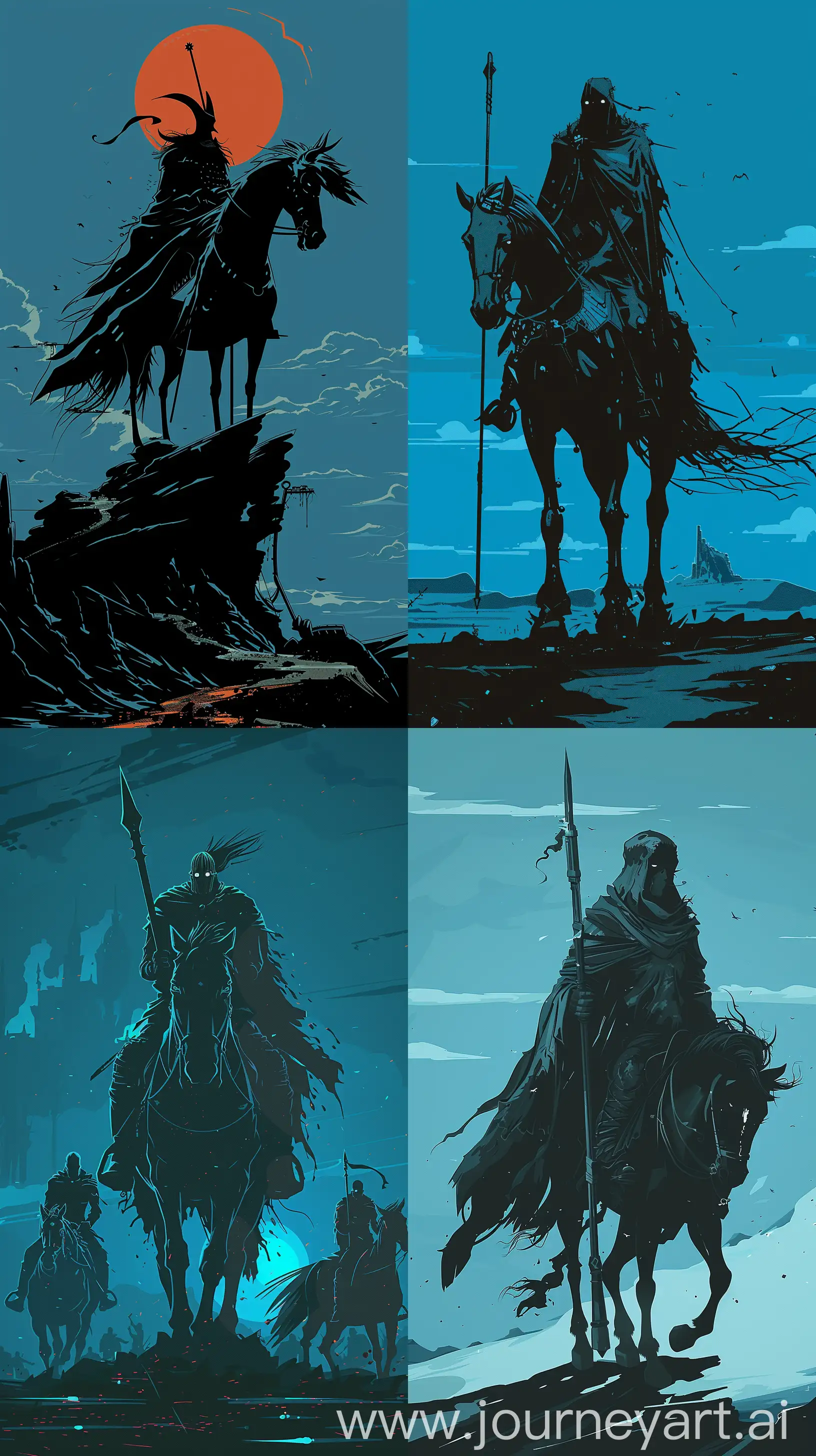 Depict a reimagined version of one of the Four Horsemen of the Apocalypse, adhering to Mignola's aesthetic. The character should be striking, with solid blacks and a minimalistic approach, set against a landscape that reflects the horseman's domain, whether it be war, famine, pestilence, or death. 8k uhd Maximalist Details, phone wallpaper, blue colour --ar 9:16