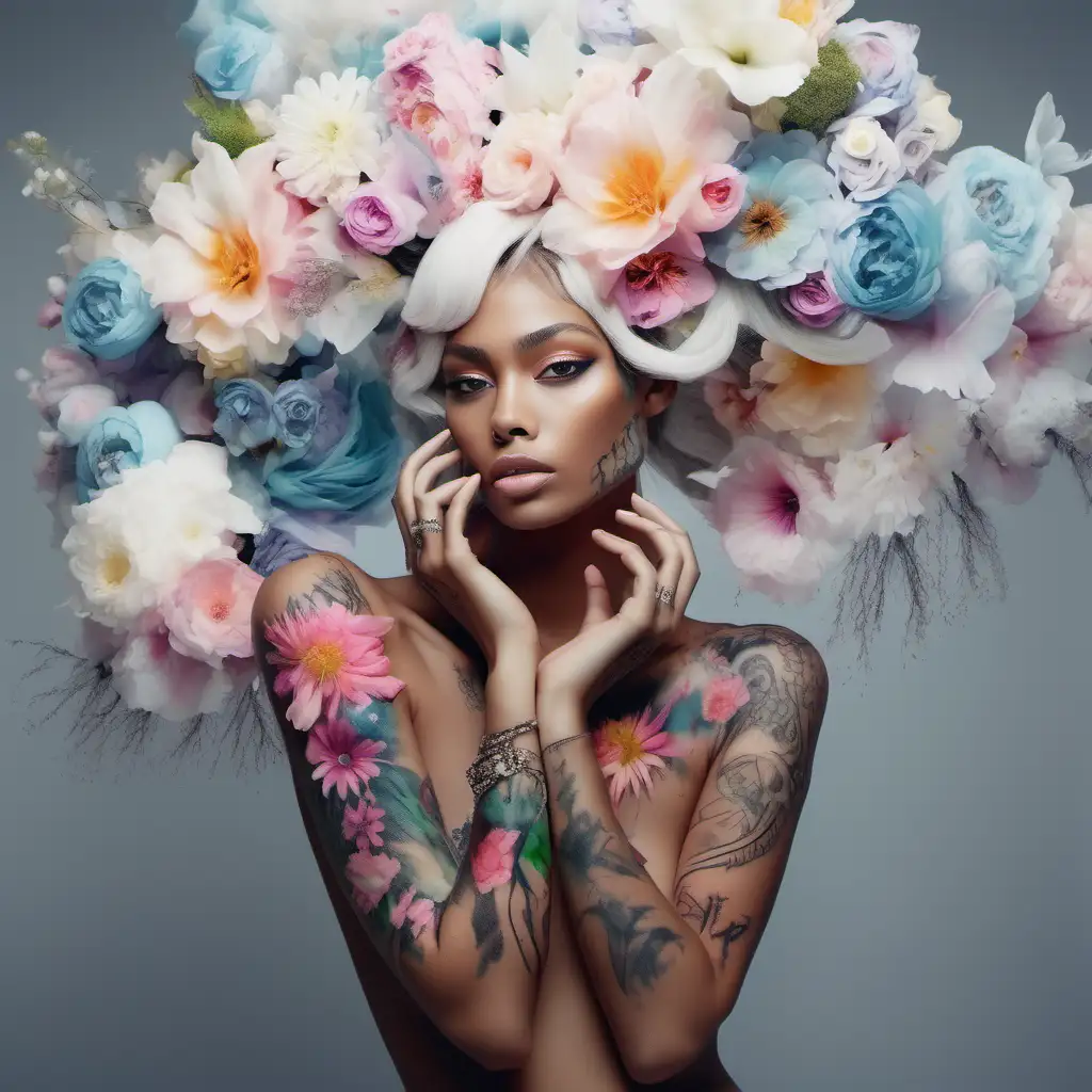 Elegant High Fashion Model Adorned with Exotic Pastel Flowers and Unique Tattoos