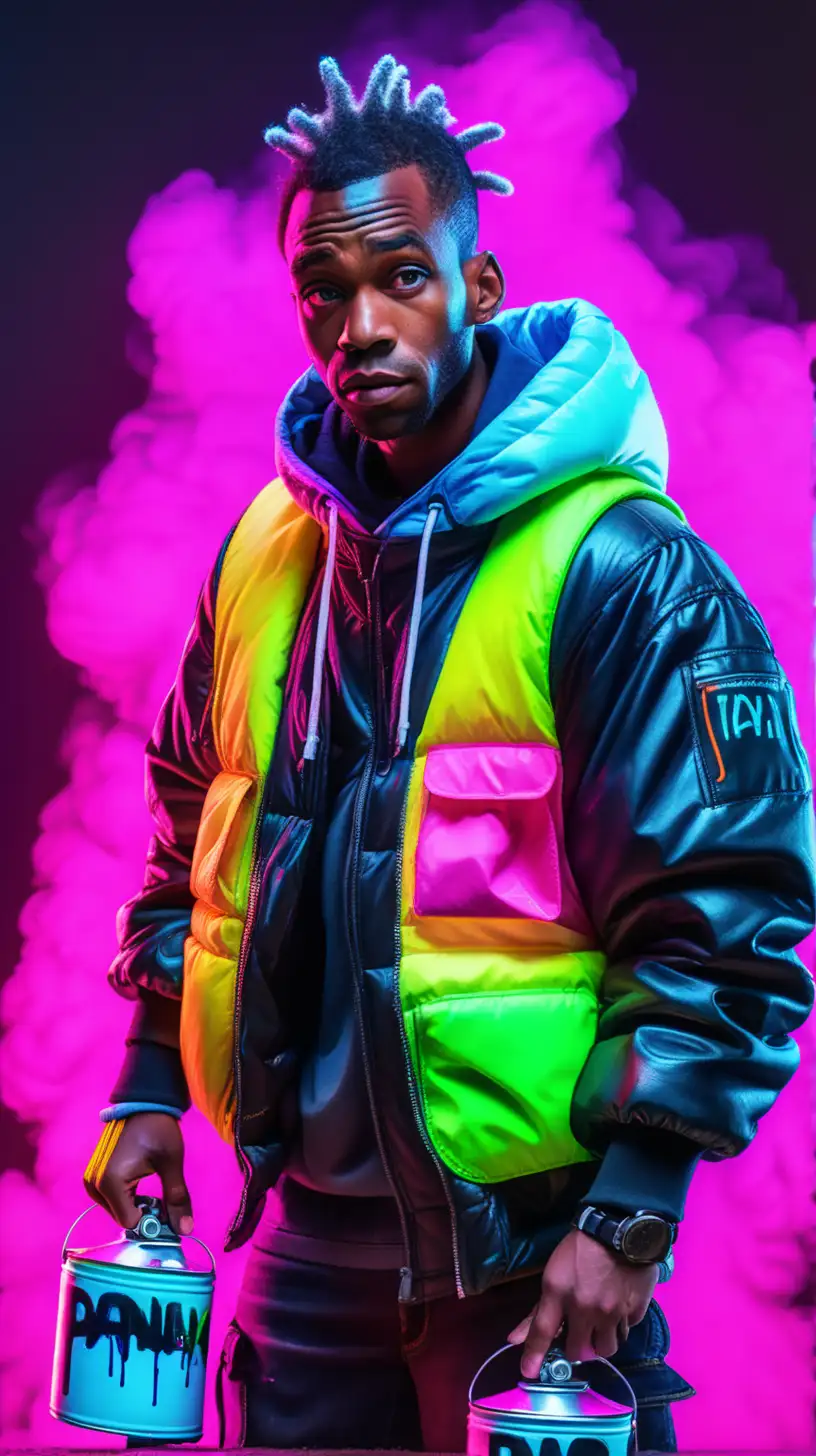 Dystopian Fashion HighDefinition Black Man with Spray Paint Cans in 8K Resolution