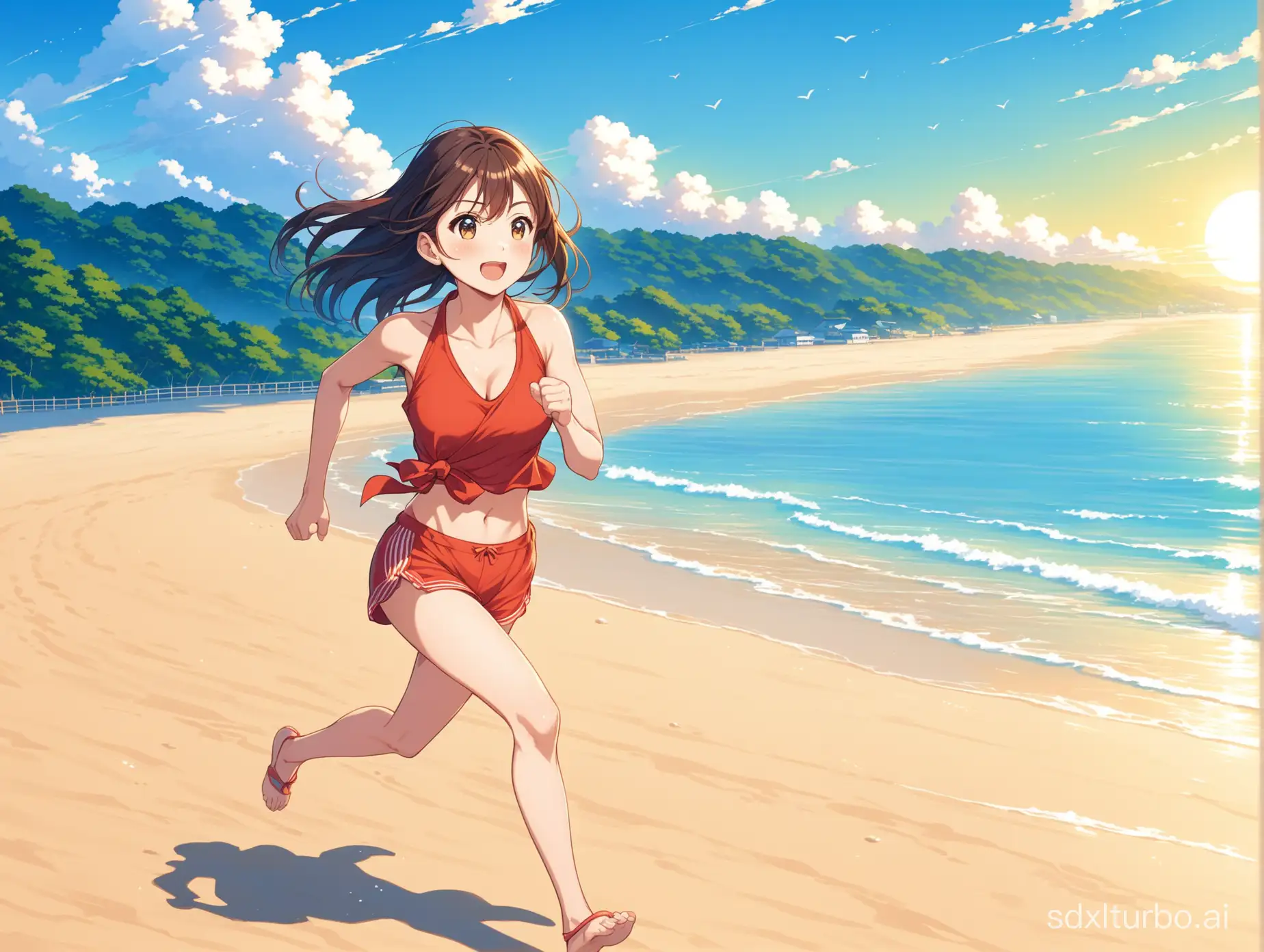 Japanese anime style，a girl is running At the beach