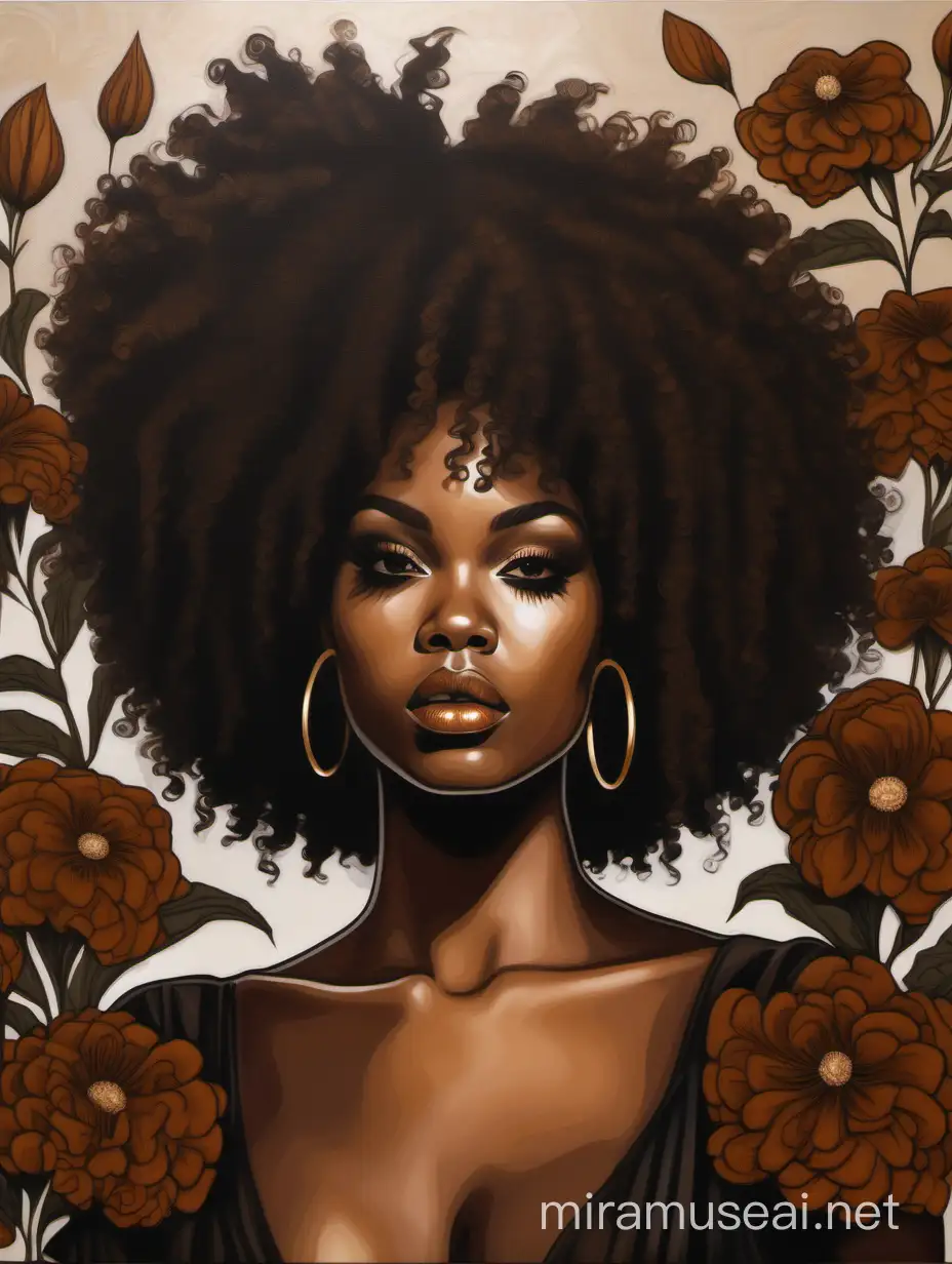 Create an oil painting image of a curvy black female wearing a brown off the shoudler blouse and she is looking down with Prominent makeup. Highly detailed tightly curly black afro. Background of large brown and black flowers surrounding her