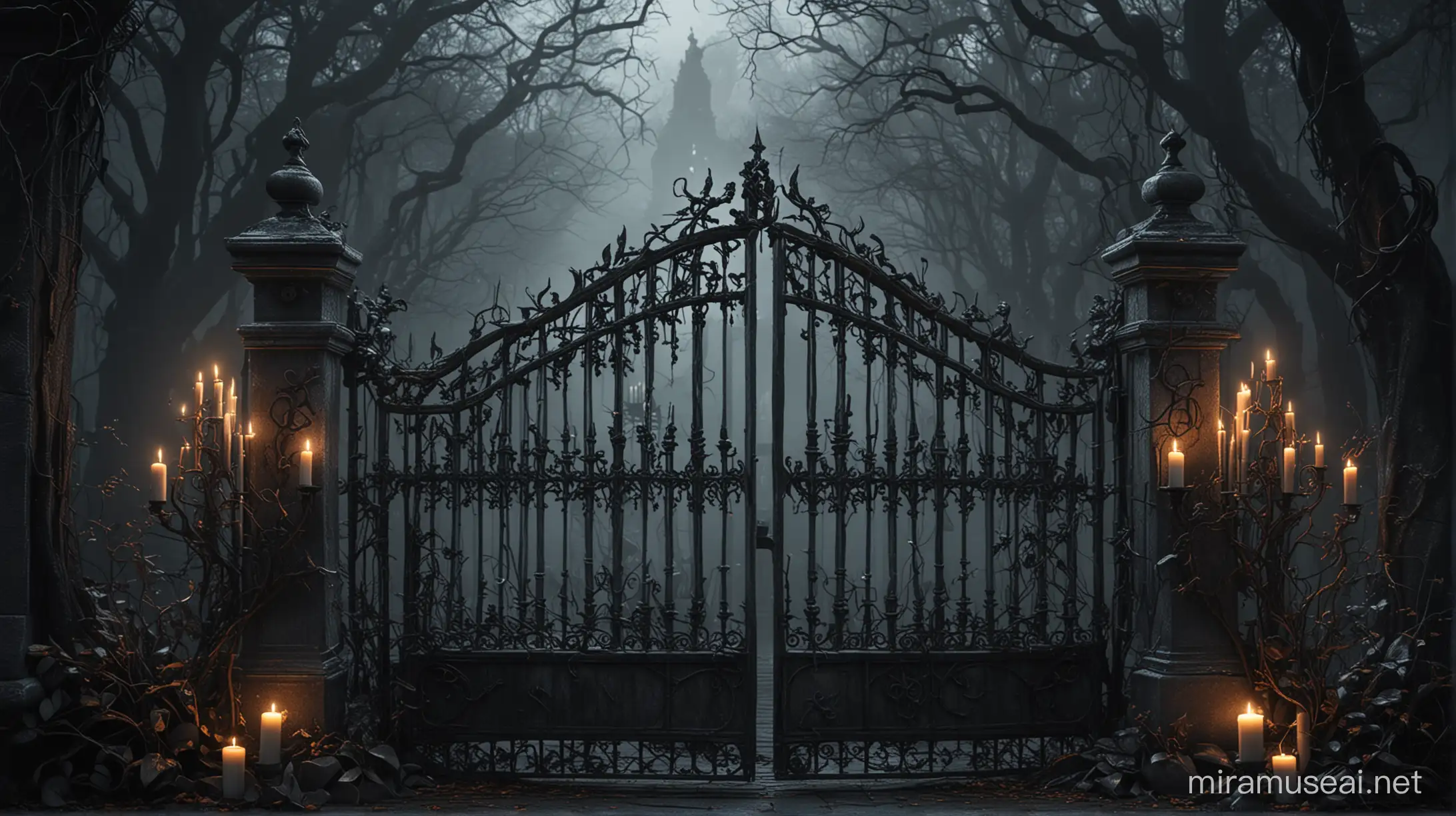 Dark enchanted fantasy cemetary gothic gate with candles and creepy vines