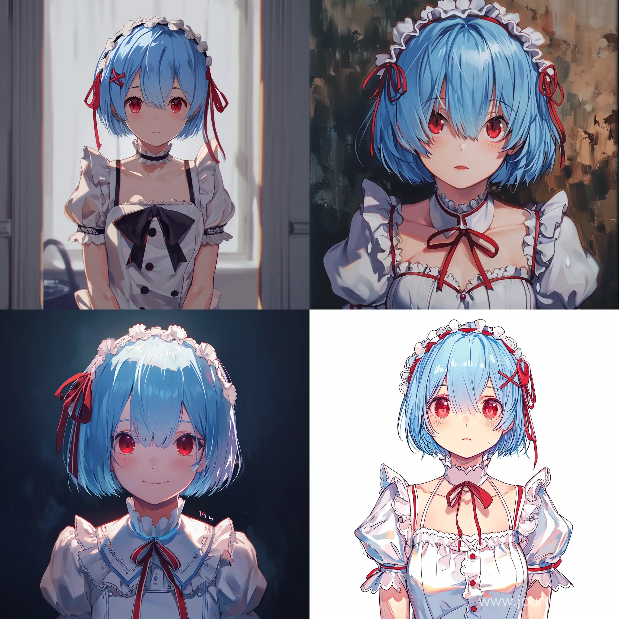 Rem is a teenage girl the from anime Re:zero with medium-length sky blue hair, red eyes, and a maid uniform. She is portrayed as a petite and cute, 9:16, ultra-detailed, Ultra-sharp,