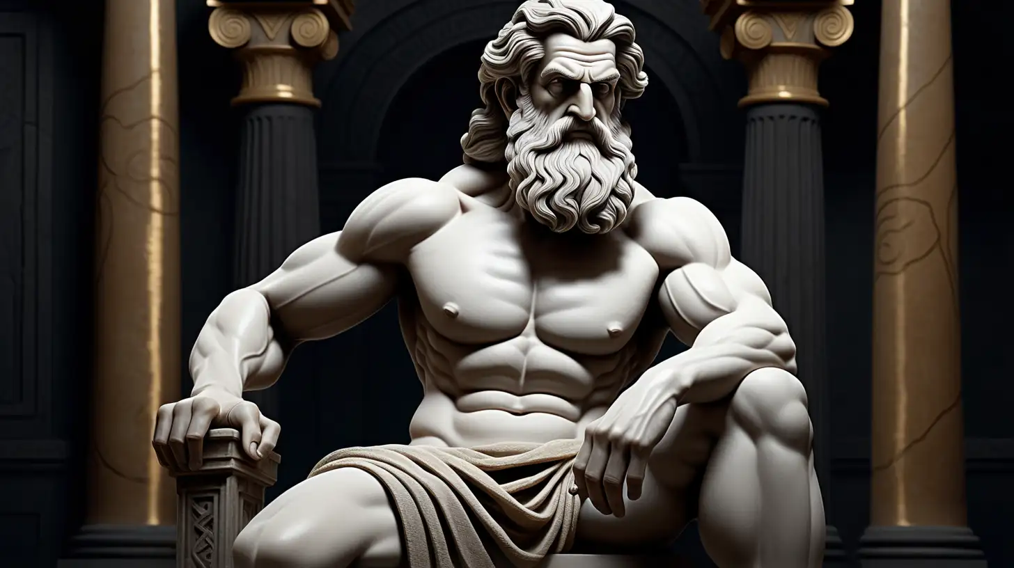 "Generate a captivating image featuring an aged Greek man statue with a muscular build, adorned with a long beard. Set the scene within the grandeur of a dark palace background, and depict the seasoned figure seated in a position of authority. Convey a sense of ancient wisdom and regality, capturing the essence of strength and experience in this AI-generated masterpiece." i need whole image in black shadow