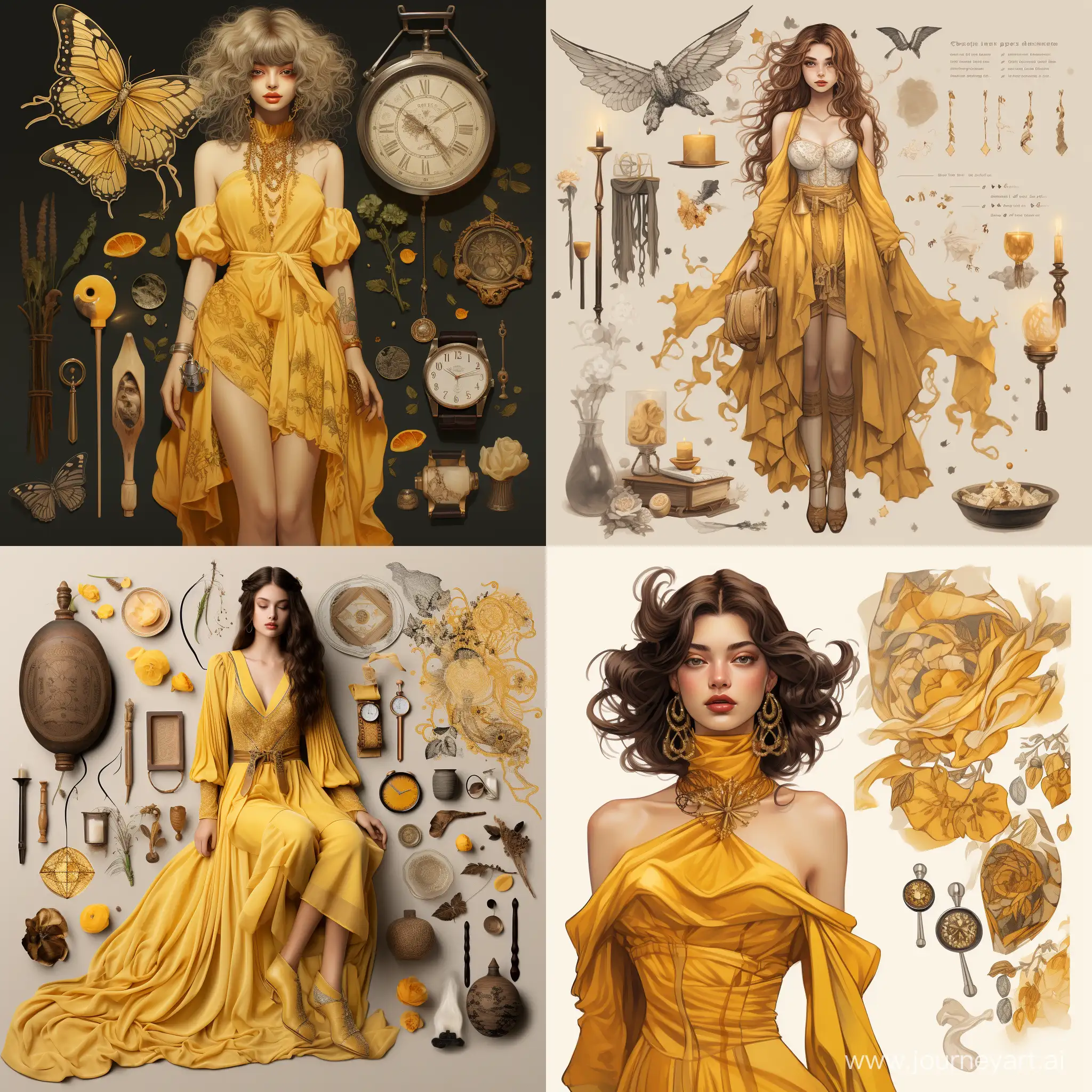 reference sheet with accessories, жёлтое платье с узорами, стиль фэнтези 