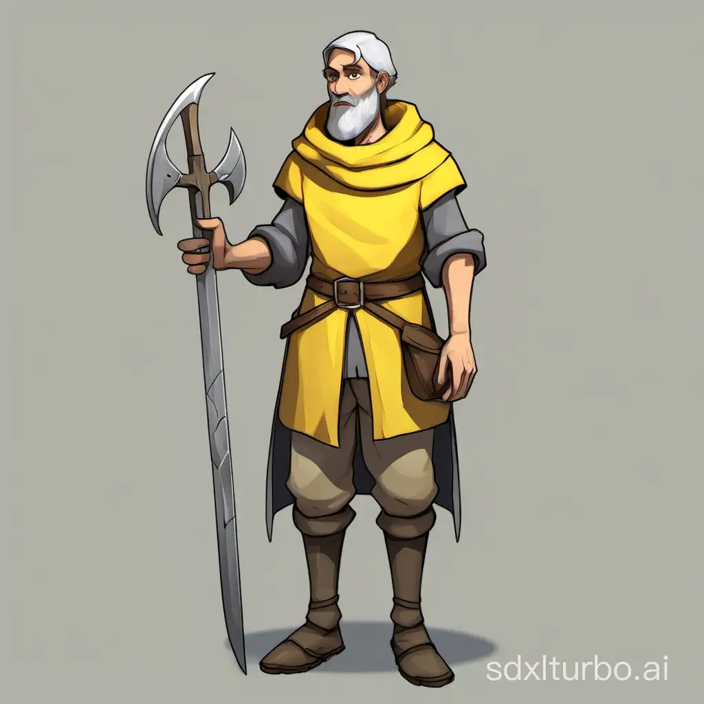 male medieval human villager, idle pose, full body character, holding reaper, clothes color are yellow and gray