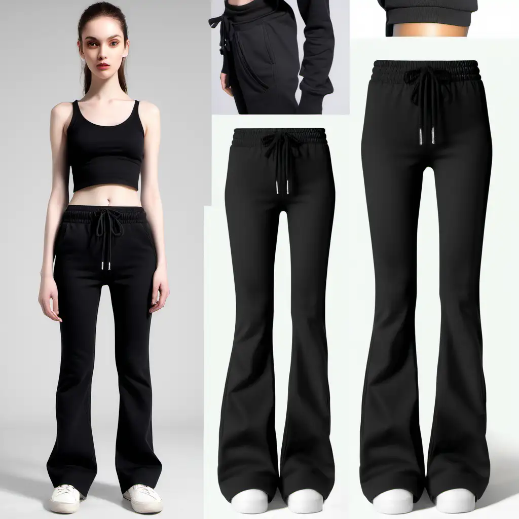 Four Views of Women in Black Cotton Flare Track Pants with Drawstring