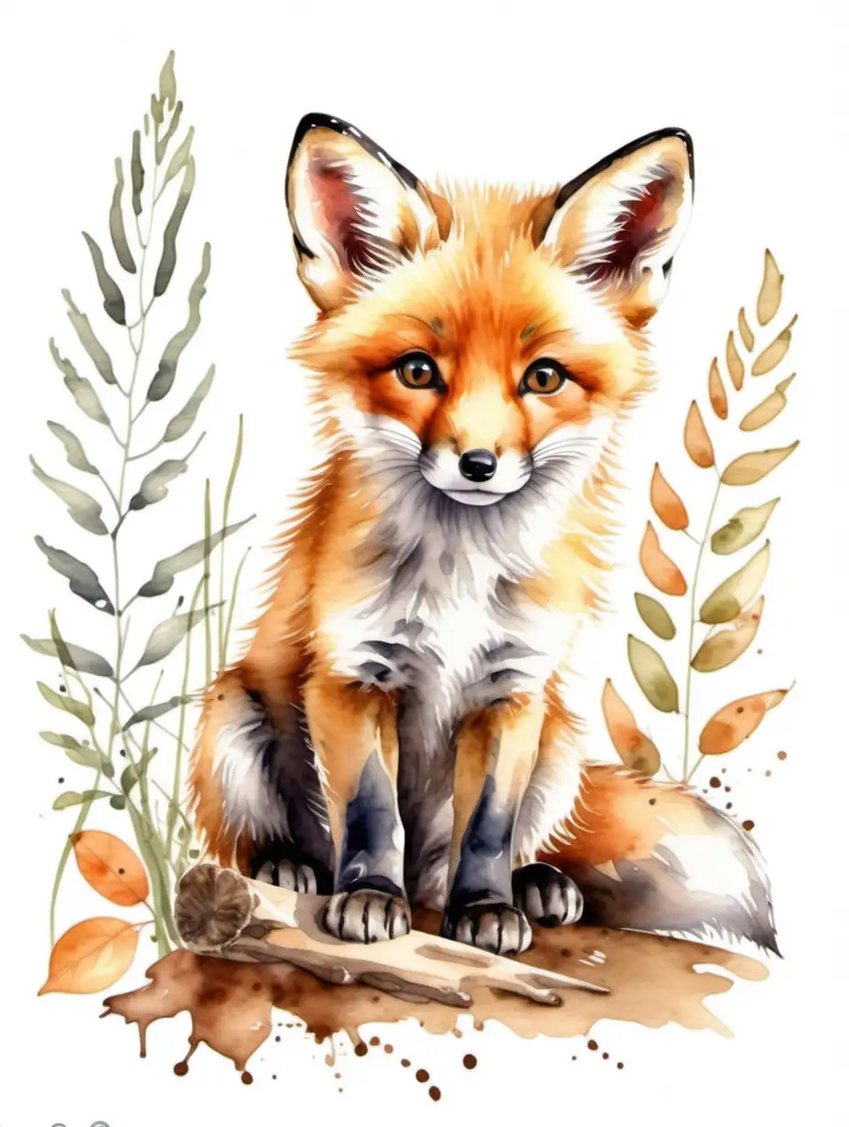 Adorable Watercolor Fox Cub in Enchanting Forest Setting
