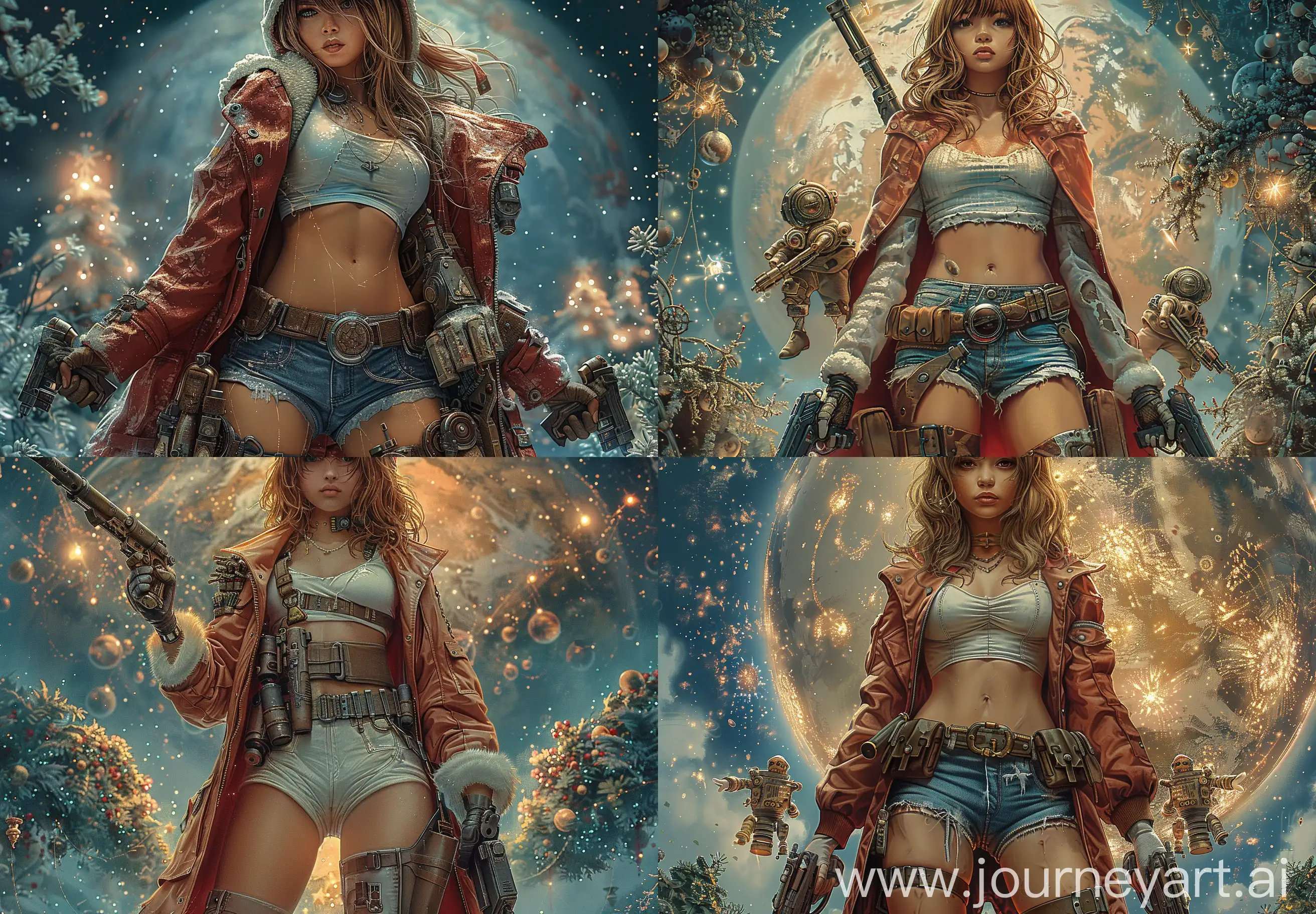 <https://s.mj.run/qXt1En2GZeM> (boris vallejo + luis Royo + yukisakura) ultra detailed visually rich concept art illustration in steampunk style of a young woman bodyguard, short shorts mini topic and a red raincoat wery more armor and ammunition with two little droids-elfs defeat Santa, created with main focus on cybermechanical and magical overgrown planet in space sky, (((candid photography)))), luminous and enchanting, dark and eerie, illuminated dark fantasy realm, (((rule of thirds))) intricate details, subtle colors, fantasy realm, (((dynamic pose)))) --v 6.0 --ar 13:9 --s 999