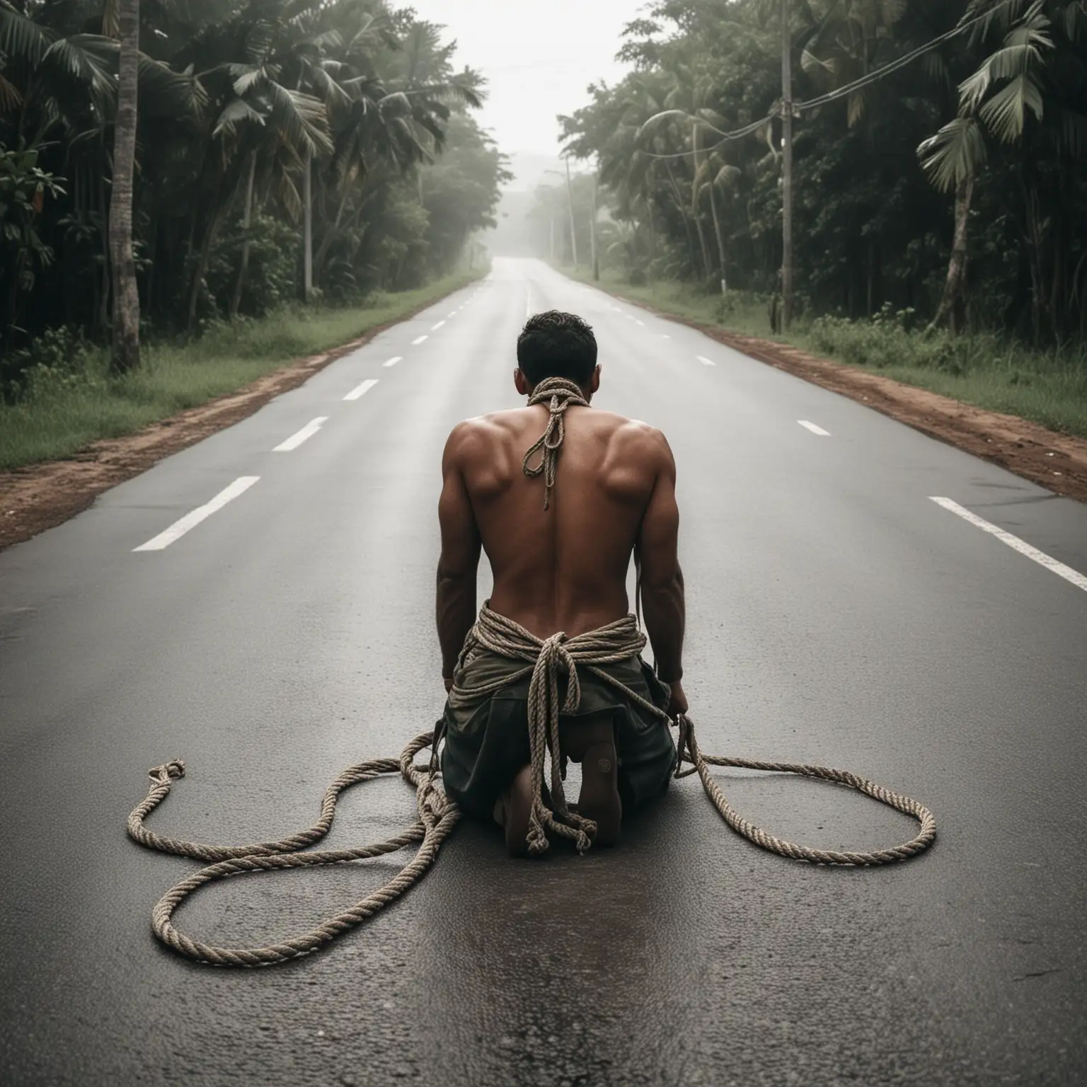 Ambiance glauque tropical sur une route
 un homme de dos sur les genous avec les mains liés dans le dos par une corde 