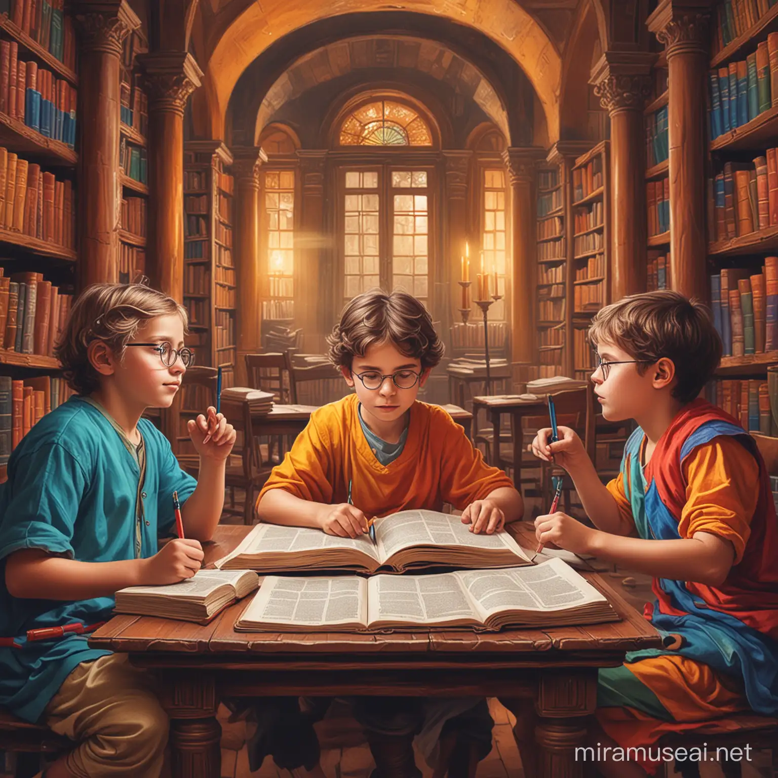 Rengarenk kadim bir kütüphanenin içinde oturmuş önlerinde kitap ve beş parmaklı ellerinin arasında incecik kalemler olan ve bir elleri masanın kitapları üzerinde diğer elleri başlarında düşünen filozof çocukların olduğu canlı, parlak bir illustrasyon görsel çiz
