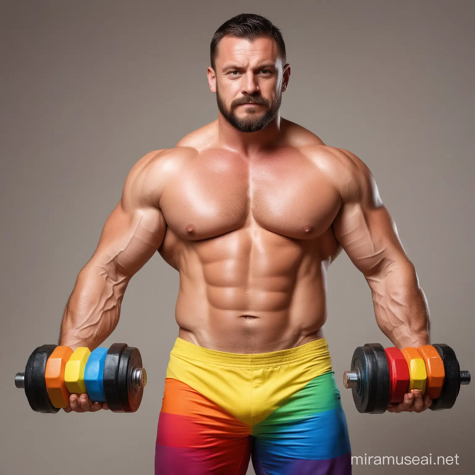 Ultra Muscular Worlds Strongest Man Lifting Bright Rainbow Colored Heavy Weights