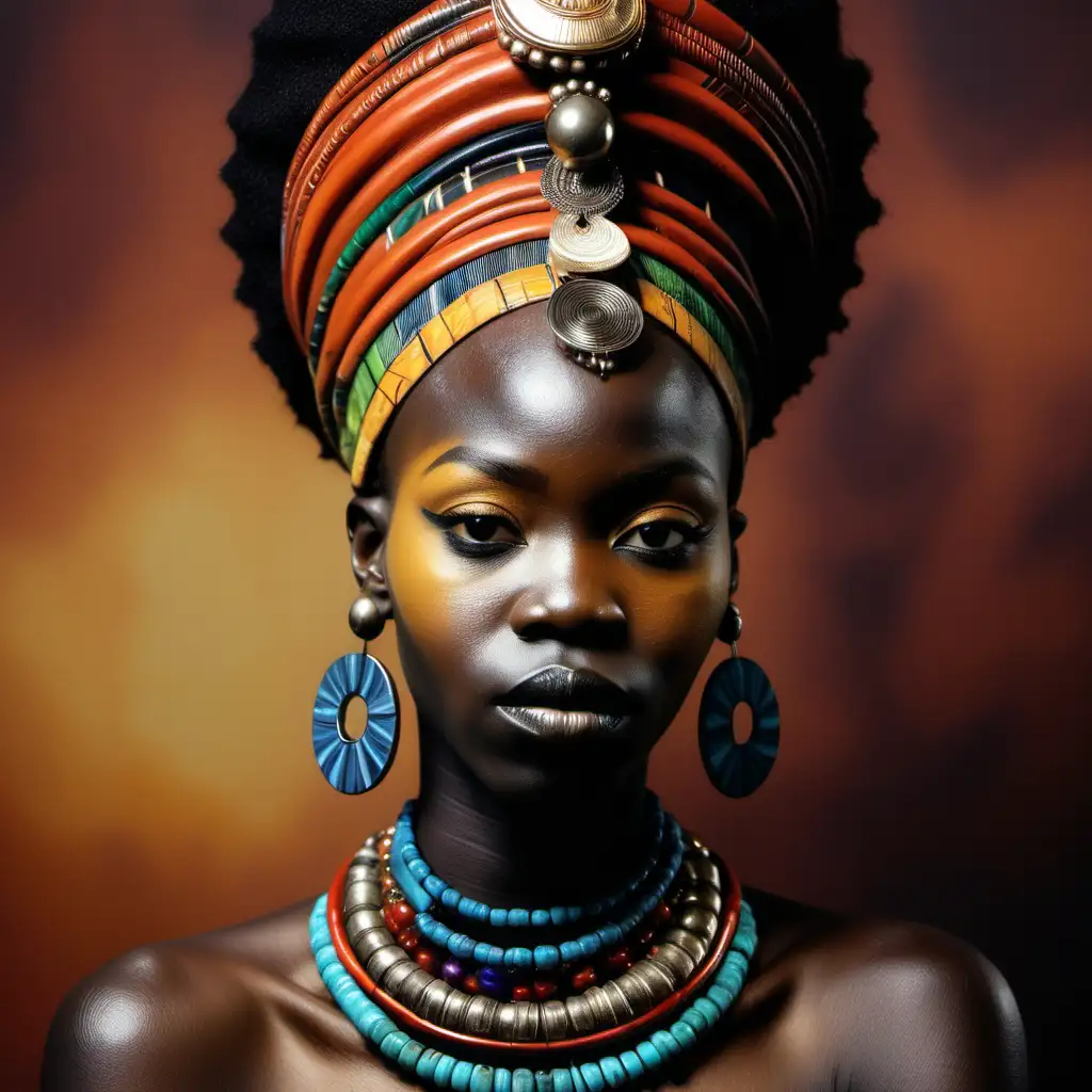 African Woman Portrait with Traditional Headpiece and Jewelry Vibrant Painting Style
