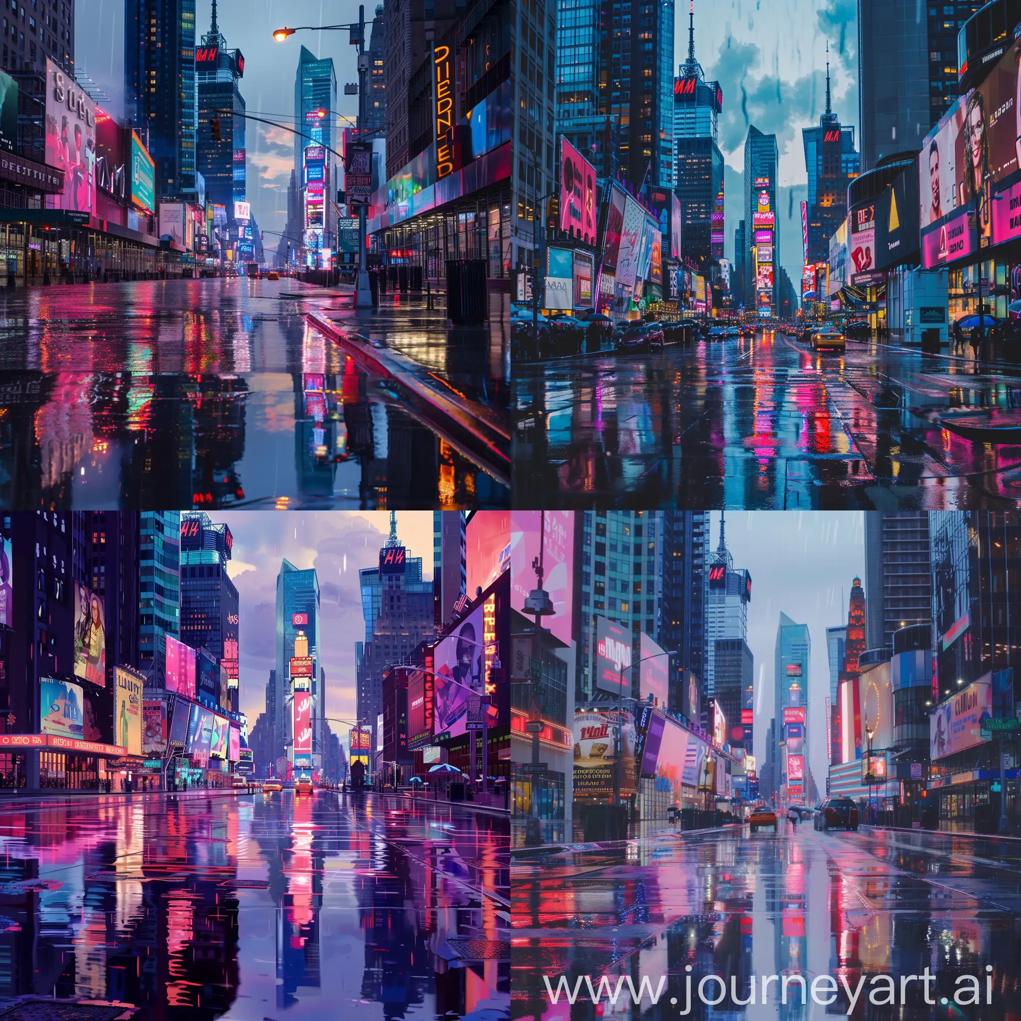 Twilight-Cityscape-with-Skyscrapers-and-Neon-Lights-Reflecting-on-Rainsoaked-Streets