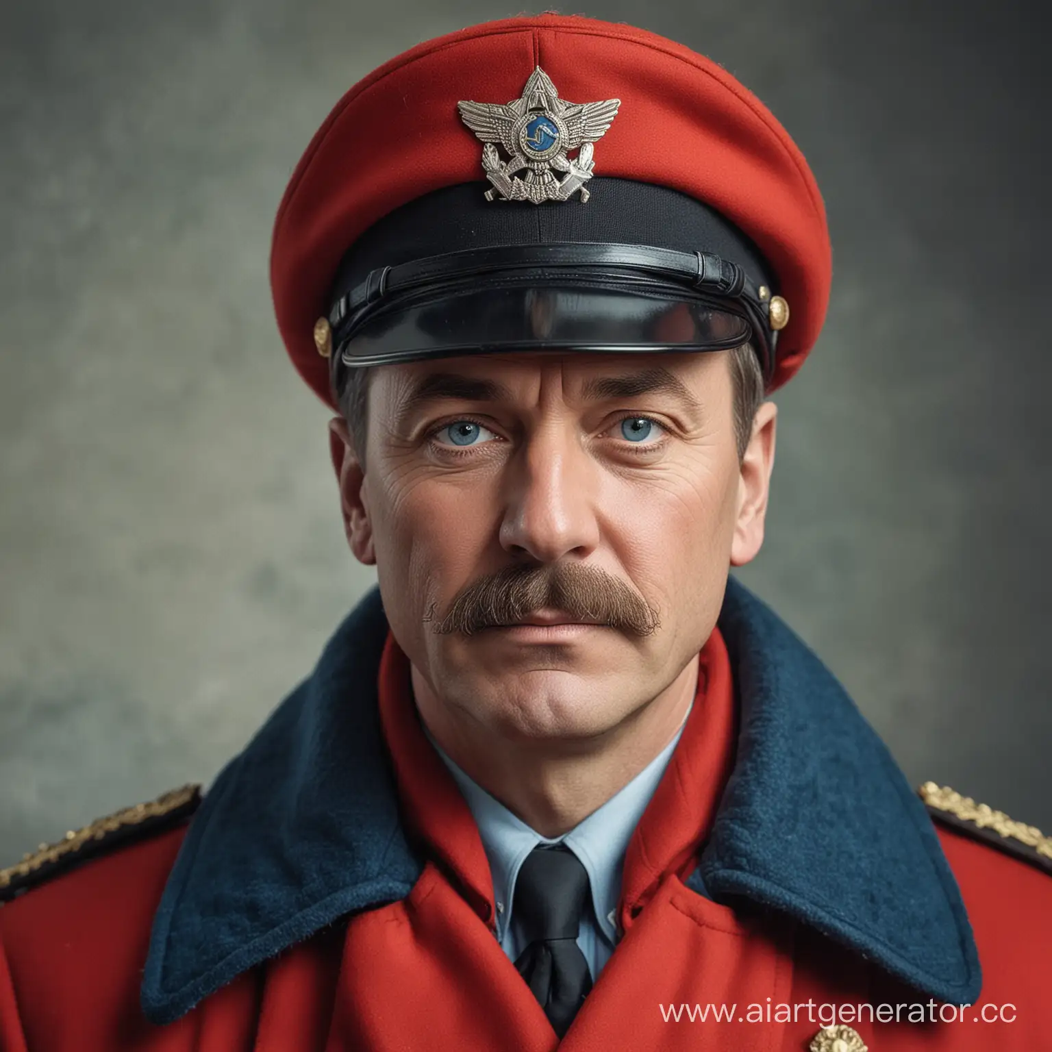 A middle-aged man in a red military overcoat, blue-eyed, with a mustache, wearing a military cap. Soviet Union.