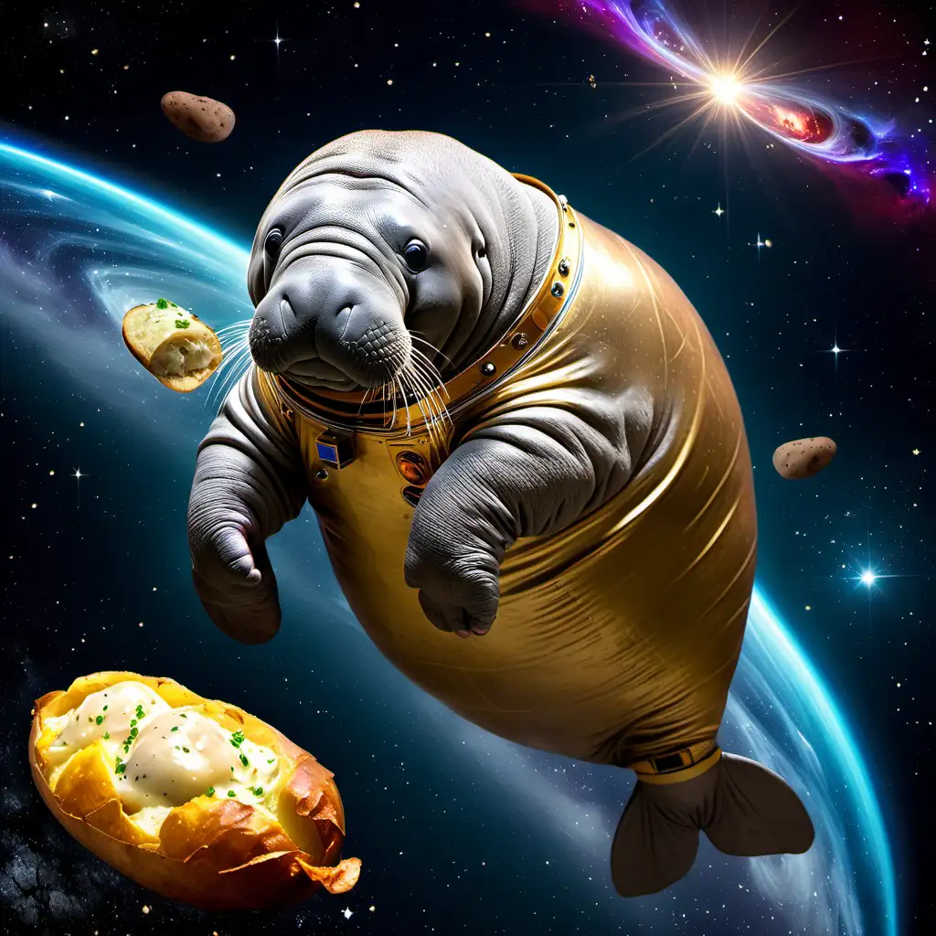 A majestic and magical manatee in space, hugging a baked potato