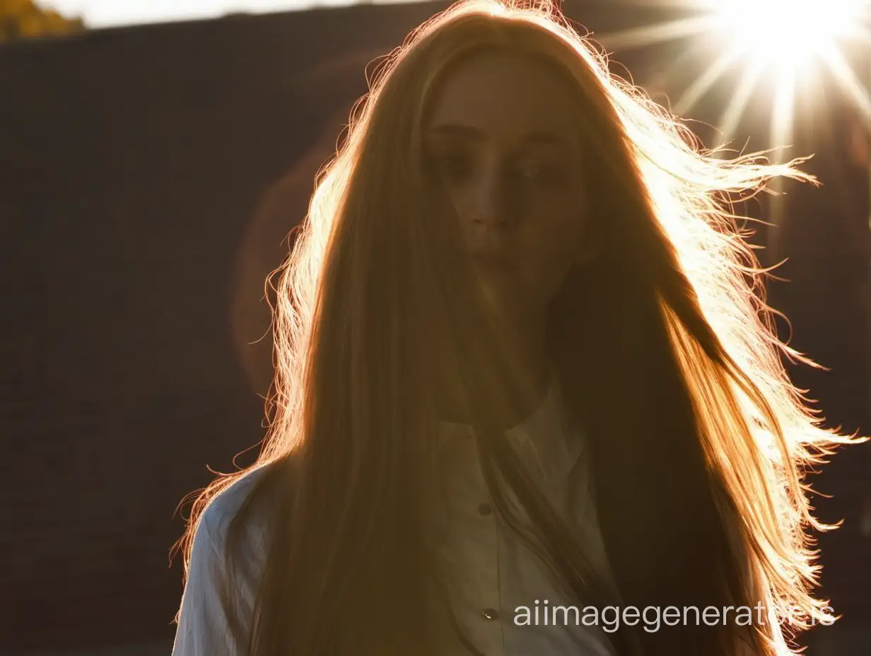 A woman with long hair is standing in the sunlight