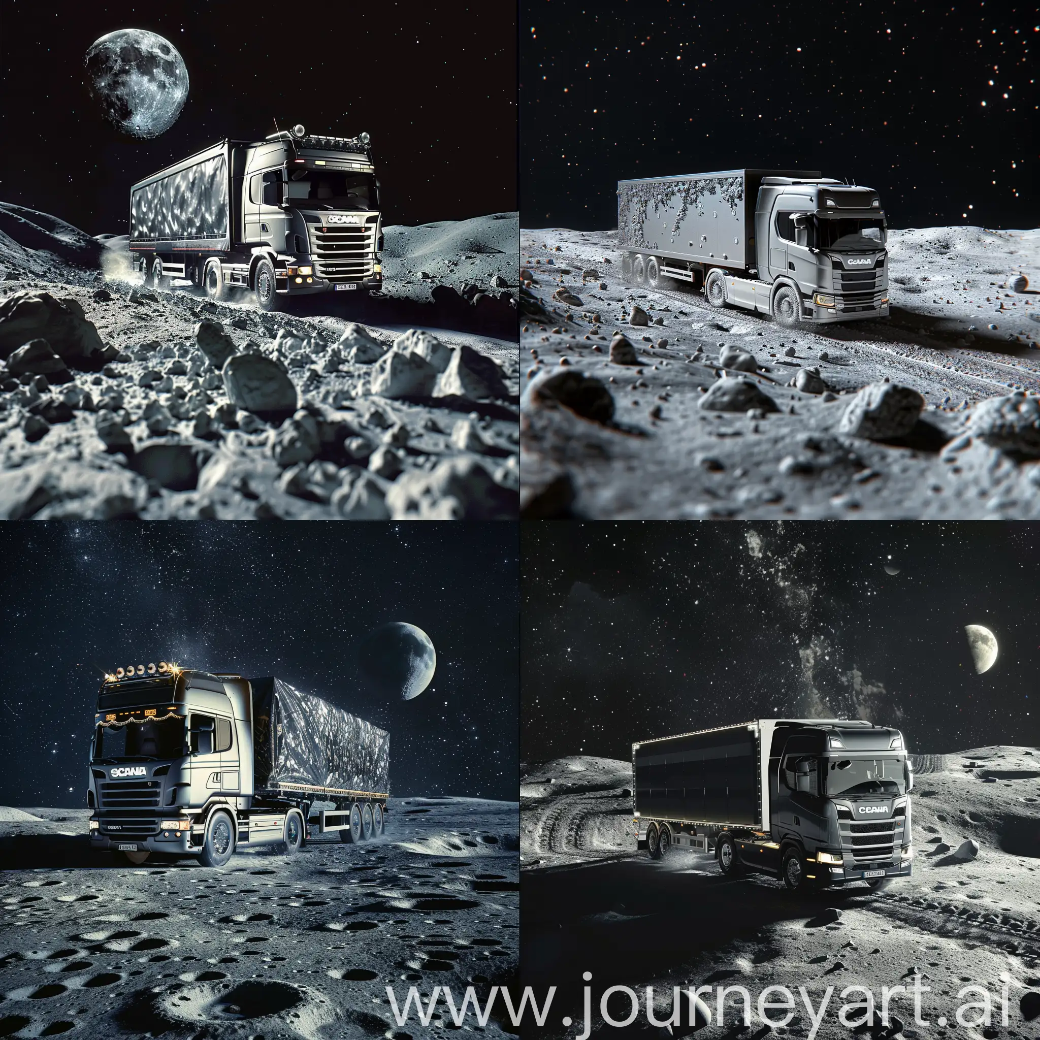 Scania truck delivering giant cargo on moon, hd, detailed, cool angle