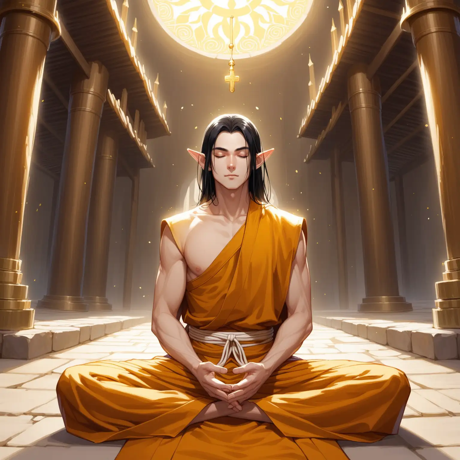 Male high elf monk, wearing white and gold monk robes, long black hair, meditating at the monastery.  