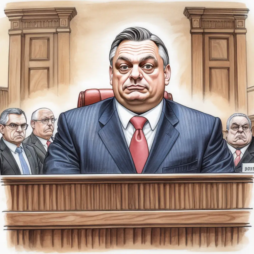 Create an image of Viktor Orbán in front of a judge. The image must be in the style of Matt Wuerker. 