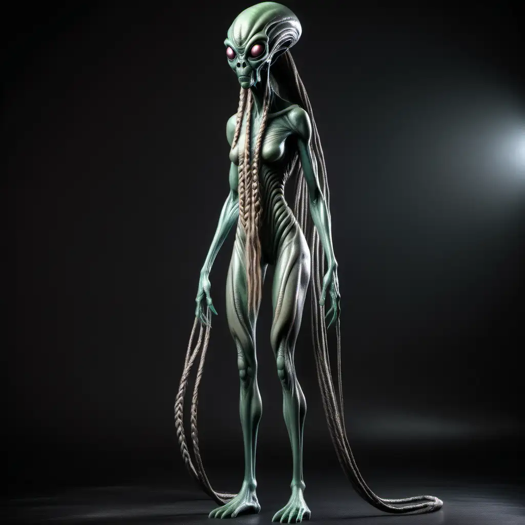 alien with long braids, full body view