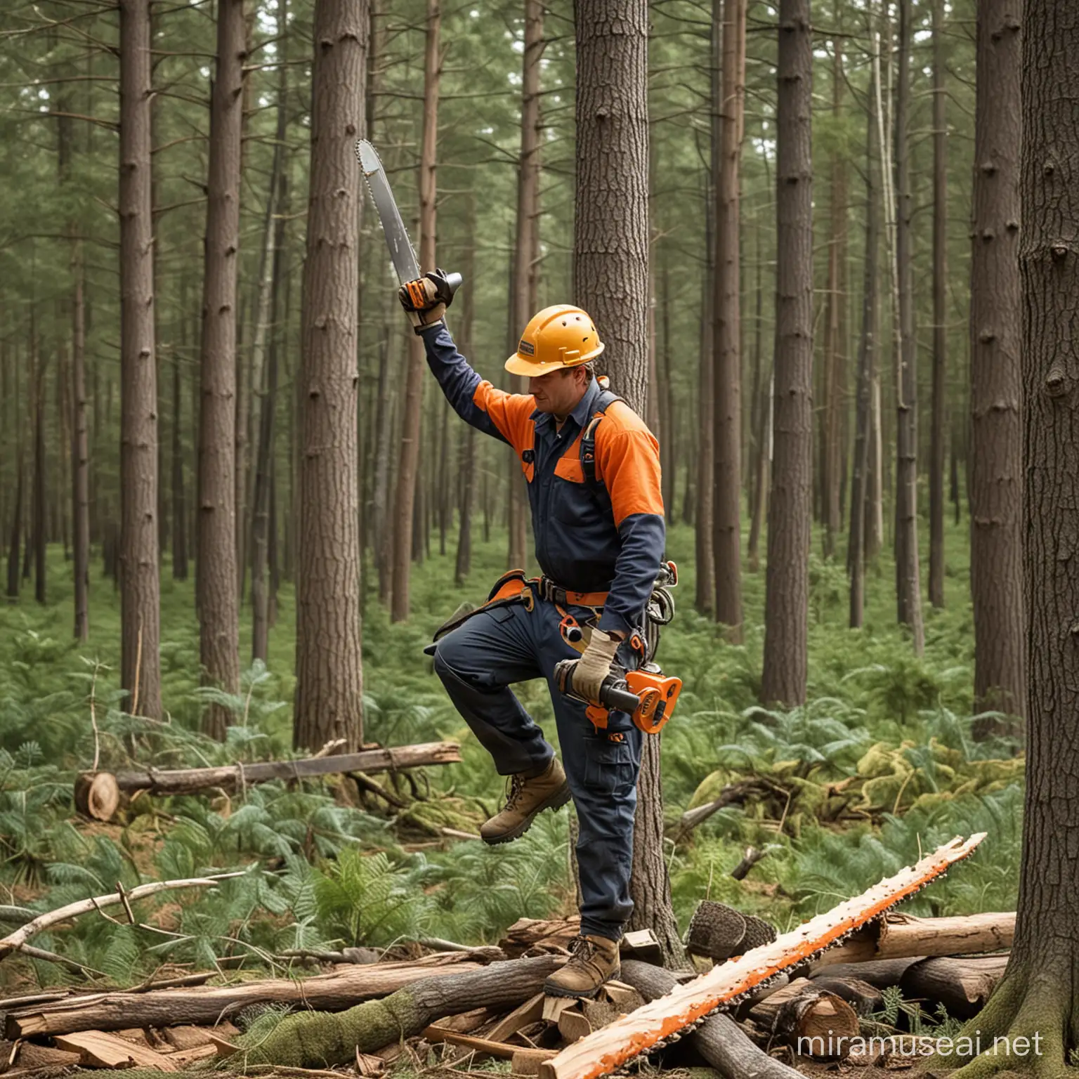 Forestry Worker Operating Chainsaw in Upright Posture