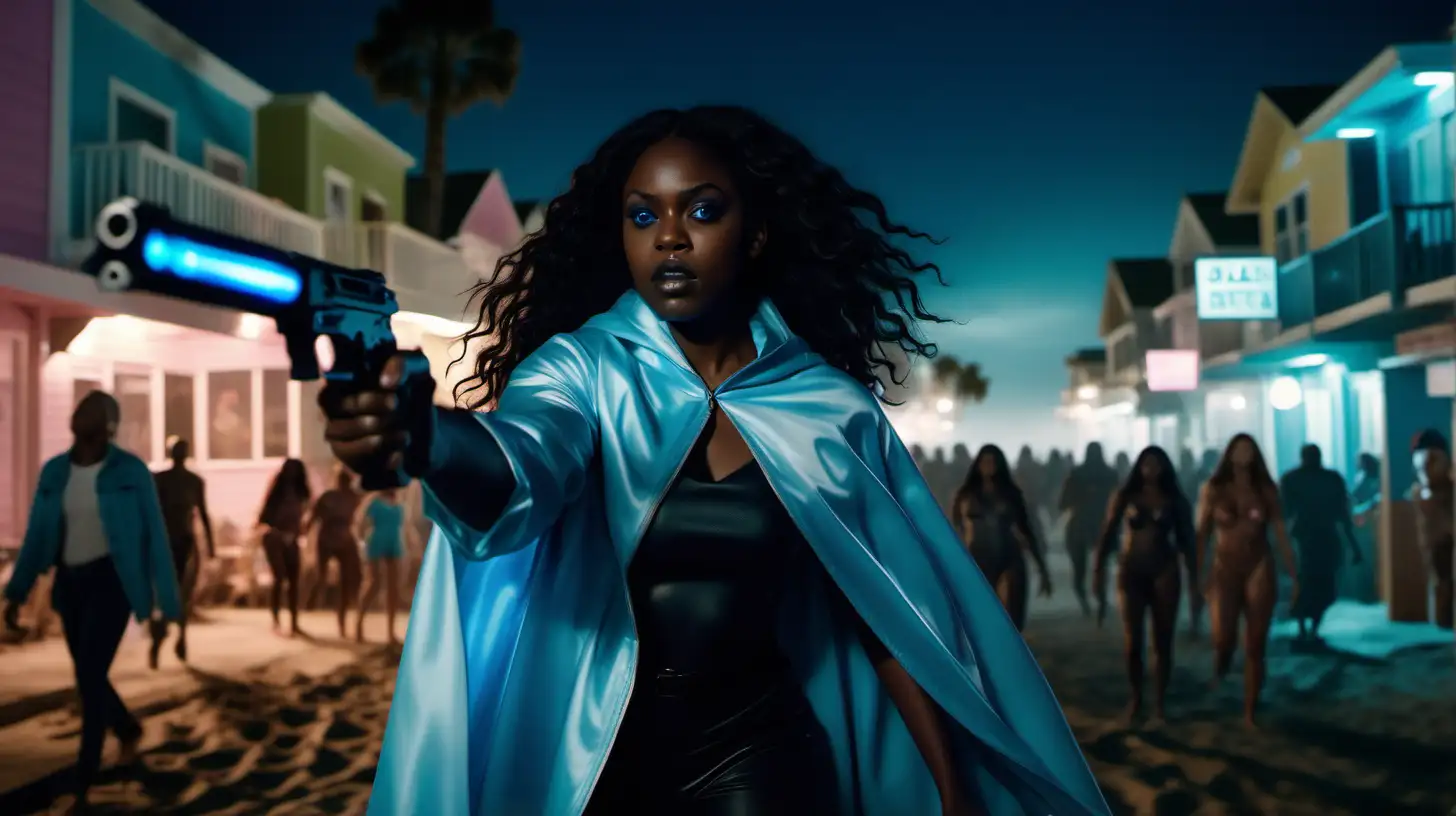 A cinematic scene: a long pan shot of a black woman shooting her way through a evil shadow creatures in a beach town, the black woman is wearing a pastel blue cape, fitted tactical jacket, long wavy hair, 007, arri Alexa, 25mm lens, 2.8 f, California, realistic, neon lights, night 