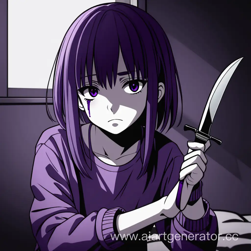 Sad purple anime girl with knife in dark room