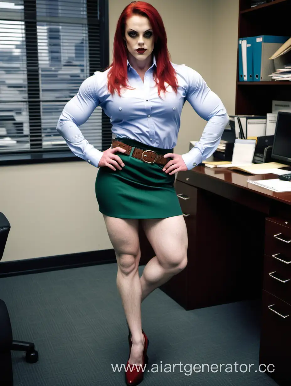 Харви квин, с большими мускулистыми бедрами, в мини юбке, в рубашке с длинным рукавом,  позирует в офисе