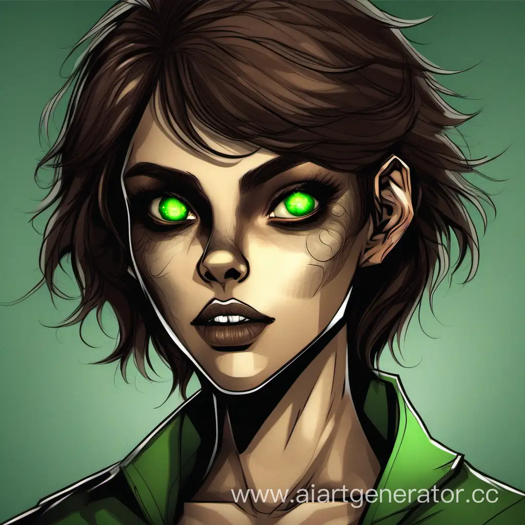 Девушка оборотень в человеческом обличии с зелёными глазами, и короткими карими, взьерошинами волосами
