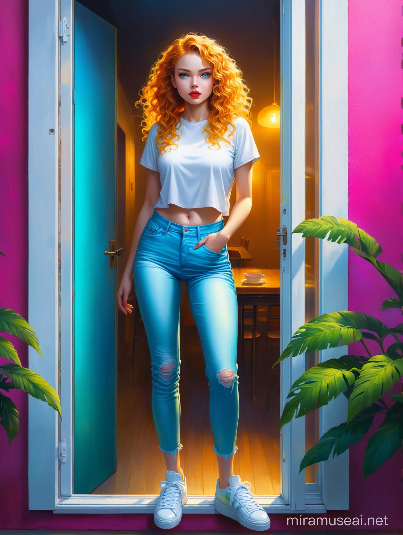 Aivision, strong neon colors, full body of beautiful young women with dramatic expression, prety blue eyes , curly hair, , full red lips, golden hair, She wears a white t-shirt and jeans  and amazing sneakers in neon colors,full body . she looks out the window anxiously ,colorful  spring environment  ,image realistic, realistic facial features, Fairy Tail, Extremely detailed , intricate , beautiful , fantastic view , elegant , crispy quality Federico Bebber's expressive, full body, Coordinated colours, night 
