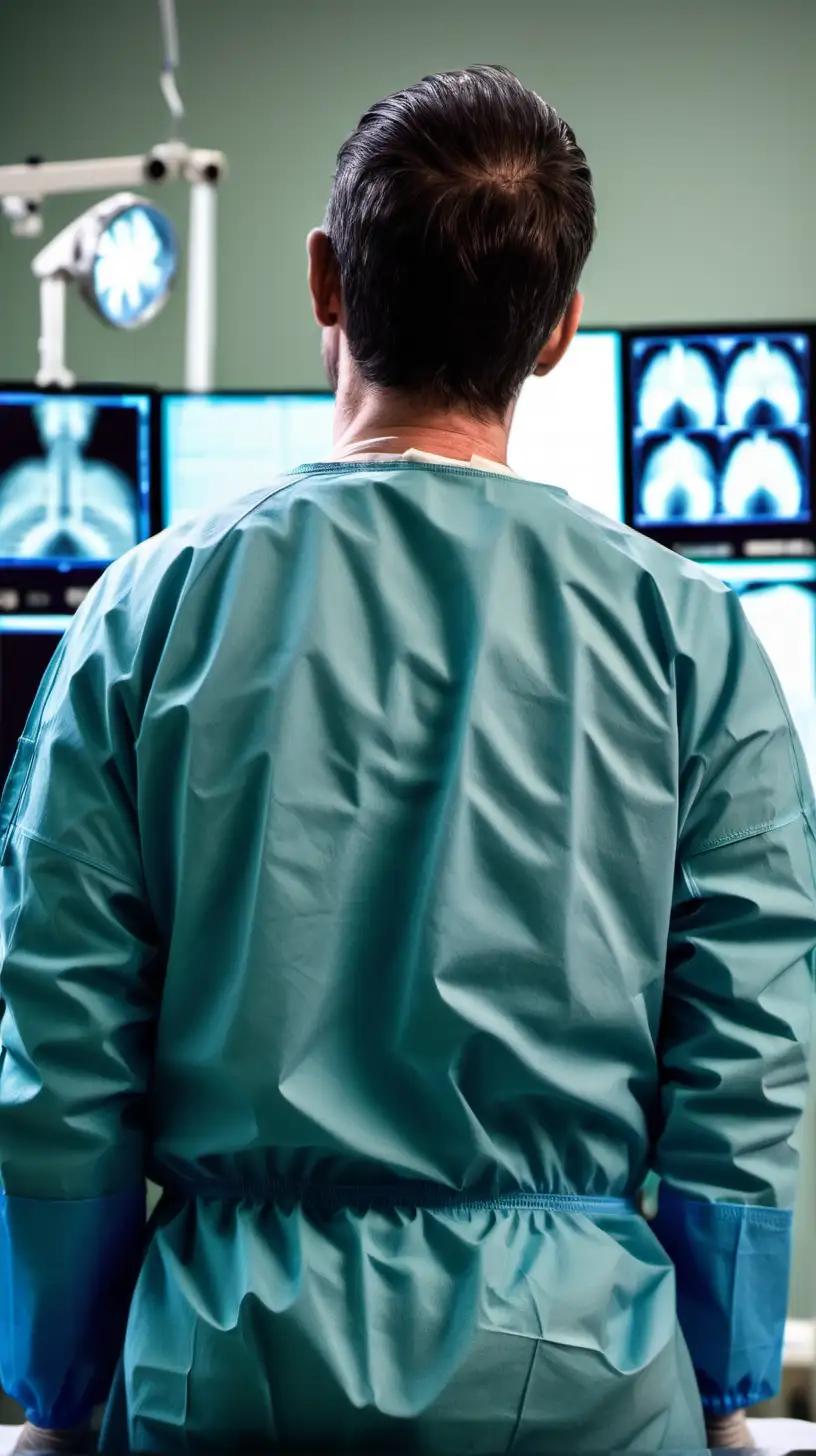 the back of a male surgeon in an operating theatre who is in long sleeve surgical scrubs

