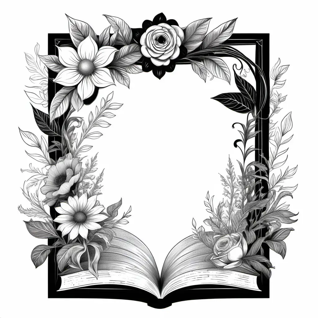 Monochrome Illustrated Floral Frame with Literary Elements