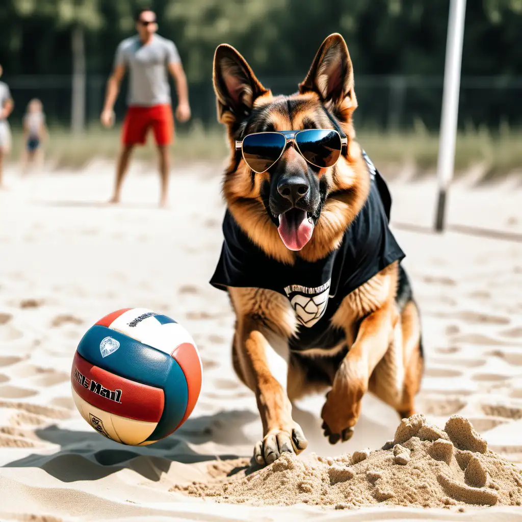 A cool German Shepherd wearing sunglasses playing volleyball in the sand. The german shepherd is also wearing a t-shirt which shows a man playing volleyball on it
