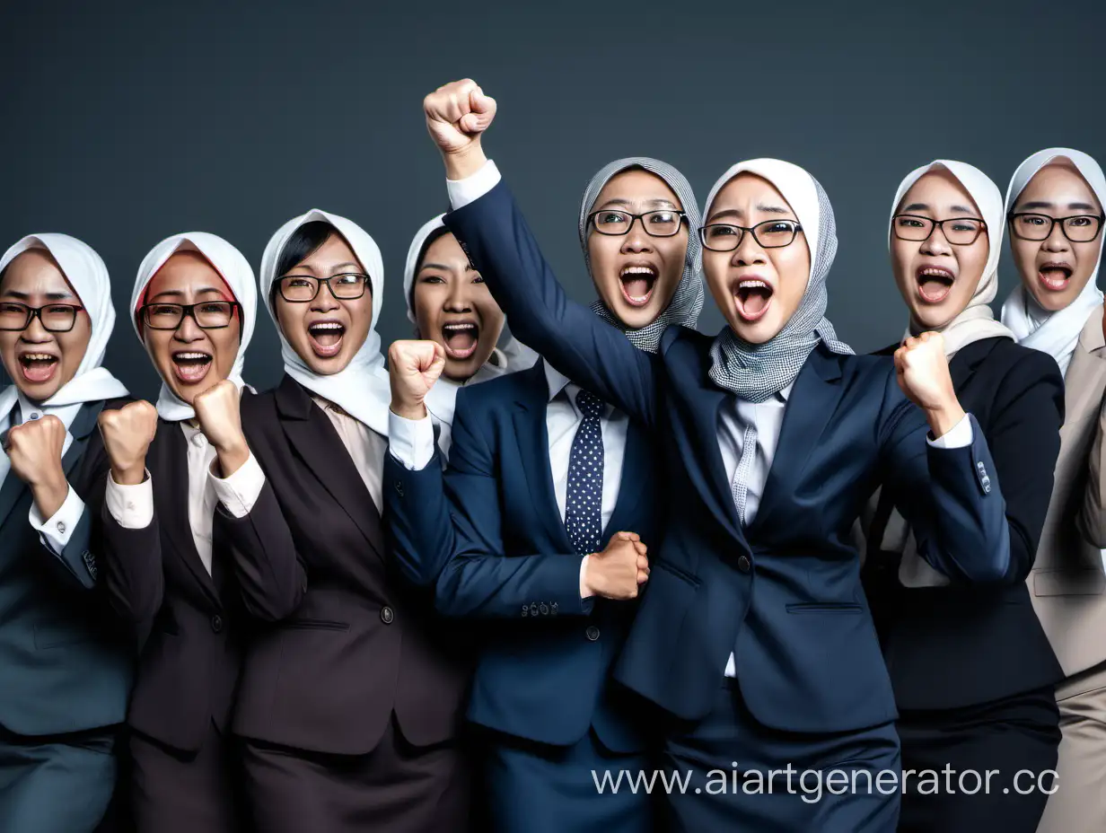 foto tentang kegembiraan bankir di indonesia yang terdiri dari  6 orang pria berjas dan memakai dasi. 4 orang wanita berjilbab. Mereka mengacungkan kepalan tangan sembari berteriak, di atas mereka ada tulisan besar "ACHIEVE Rp. 1,7 Milyar PER BULAN". foto super realistik. Raut muka tampak detil kegembiraannya. 
