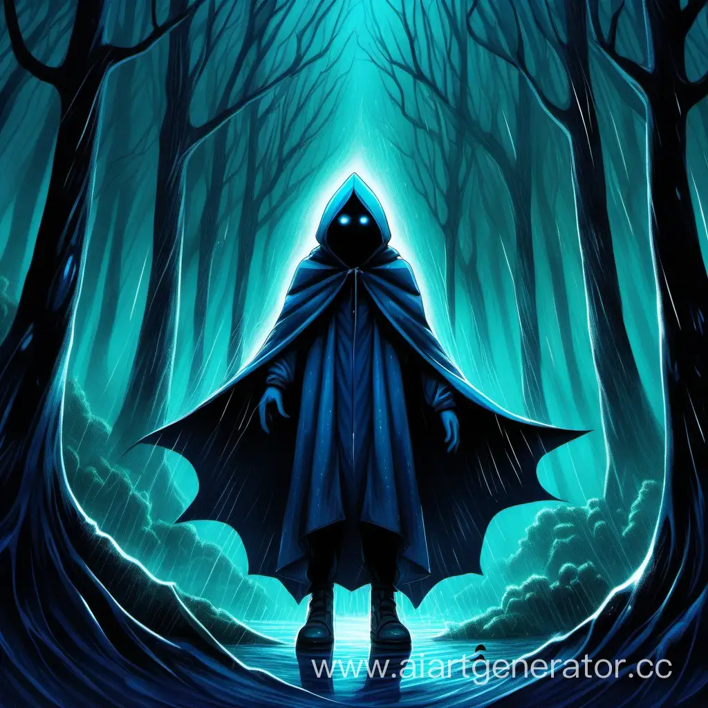A small black figure in a dark blue cape with a hood, glowing turquoise eyes, the background is a dark forest with rain.