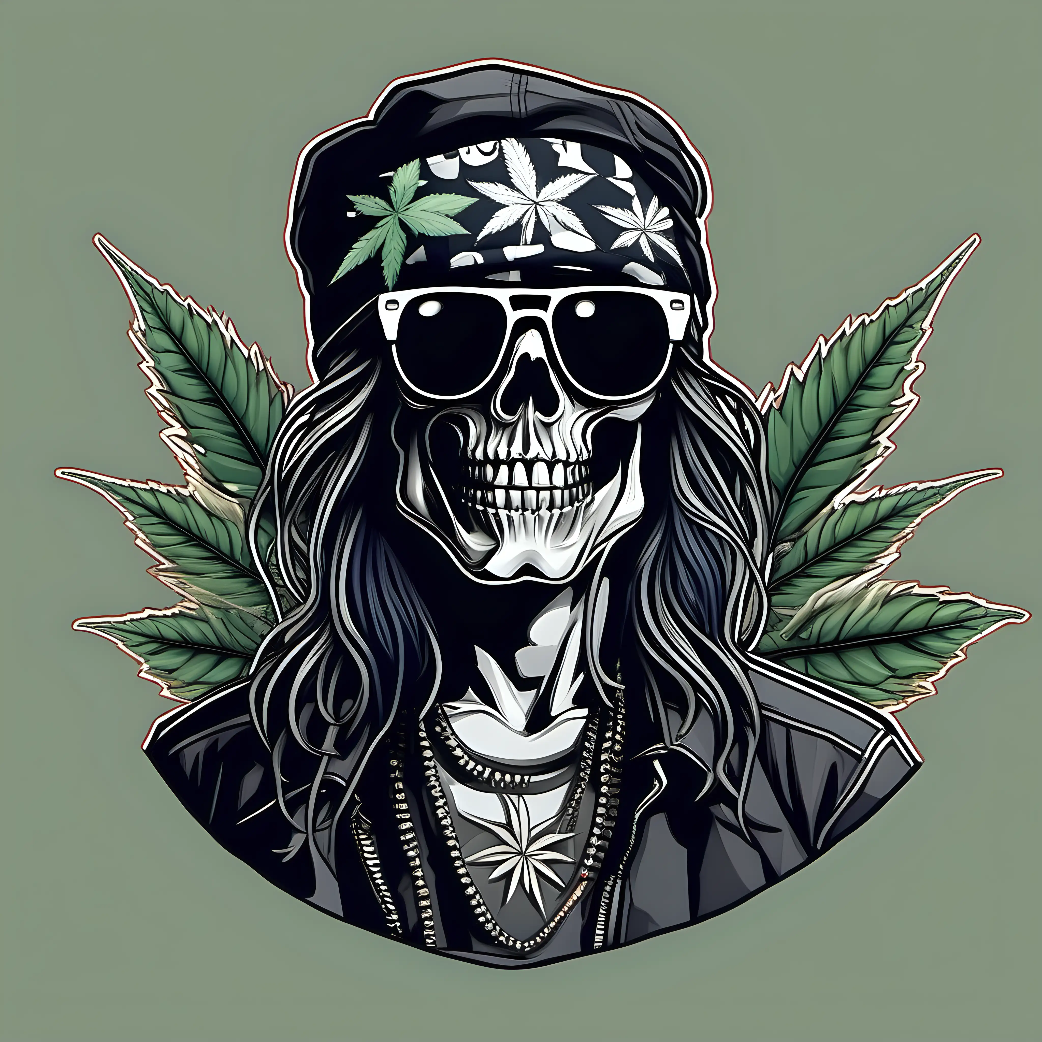 A detailed illustration a biker,Dead Skull wearing trendy small round black rimmed shades , with weed leaf on bandana,   long hair, hippy, stoner, ,t-shirt design, t-shirt design, 3D vector art, 
cartoon effect ,Adobe Illustrator, hand-drawn, digital
painting, low-poly, soft lighting, retro aesthetic, focused on
the character, 4K resolution, photorealistic rendering, using Cinema 4D --s 750 --style raw
