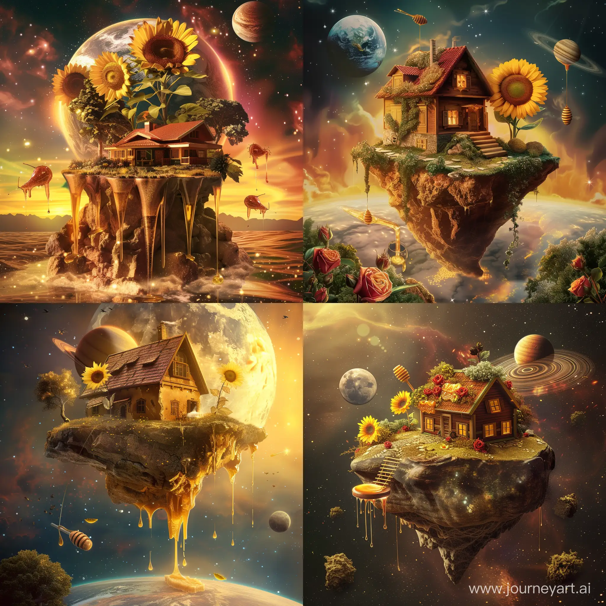 mixing of island and house and honey and rose and sunflower and planet, in the galaxy, fantasy style, realistic