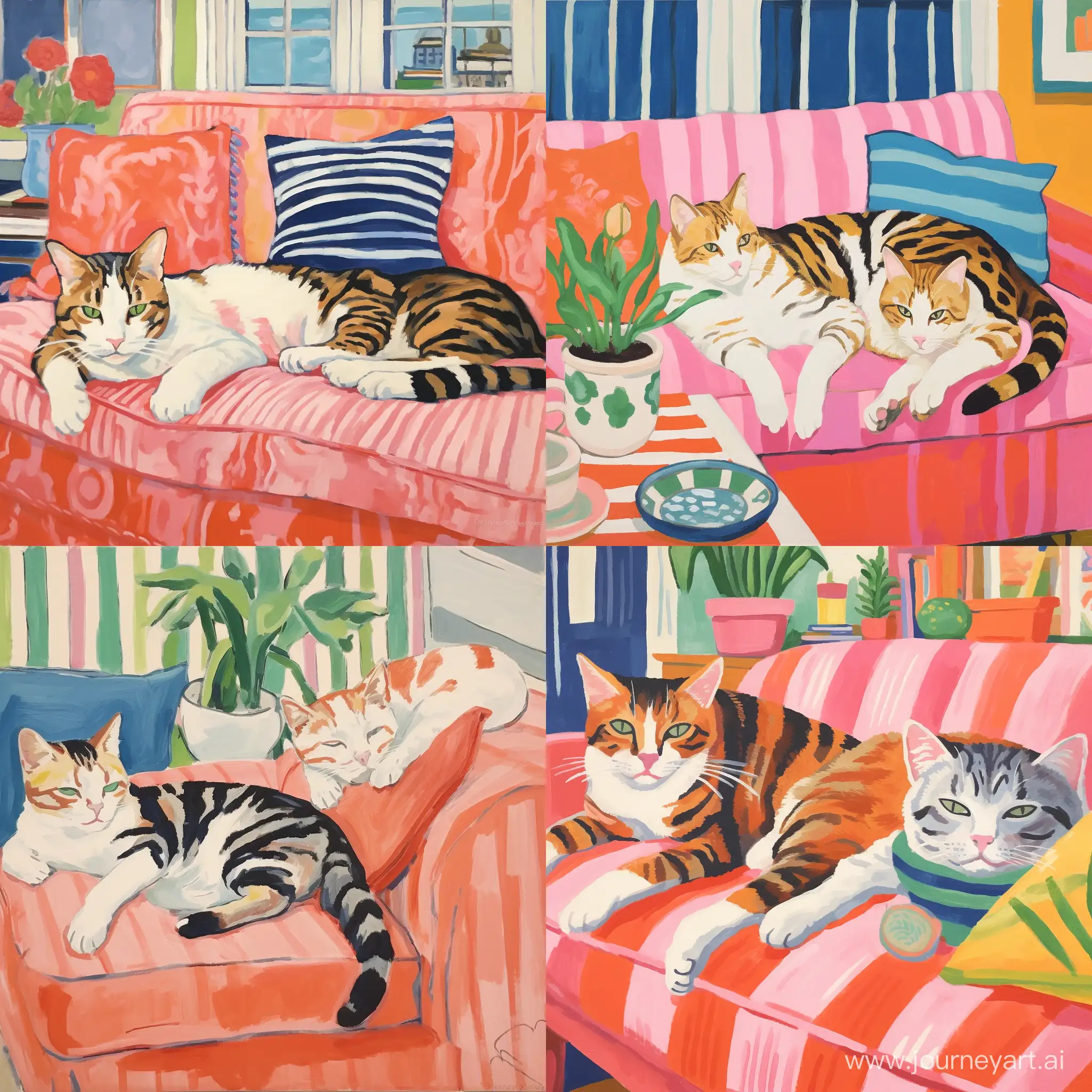 The image captures a serene indoor scene featuring two cats lounging comfortably on a couch. The dominant color in the image is a soothing shade of pink, which probably corresponds to the color of the sofa. One of the cats, striped, is stretched out on a large part of the sofa, her small or medium body is relaxed in sleep or rest. Another cat, also striped, the cats' fur and whiskers are clearly visible, which gives this image a sense of calm in the room.