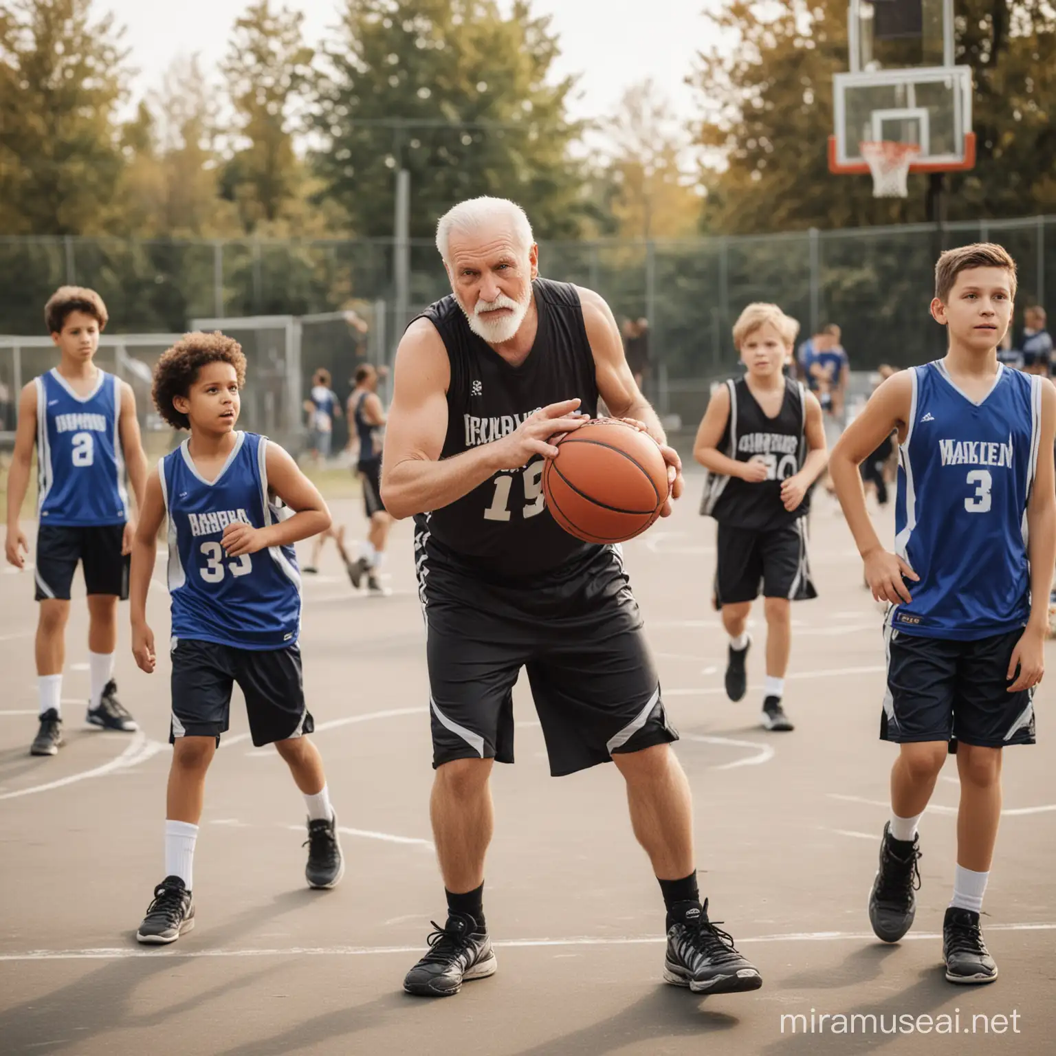 oldman with basketball uniform playing competitive basketball with kids